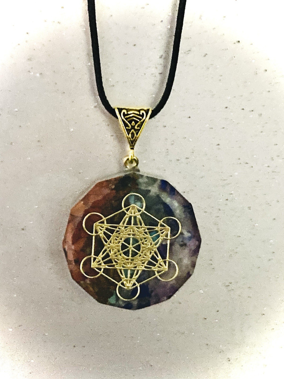 Metatrons Cube Chakra Round Amulet Natural Stones Resin Brass Bail