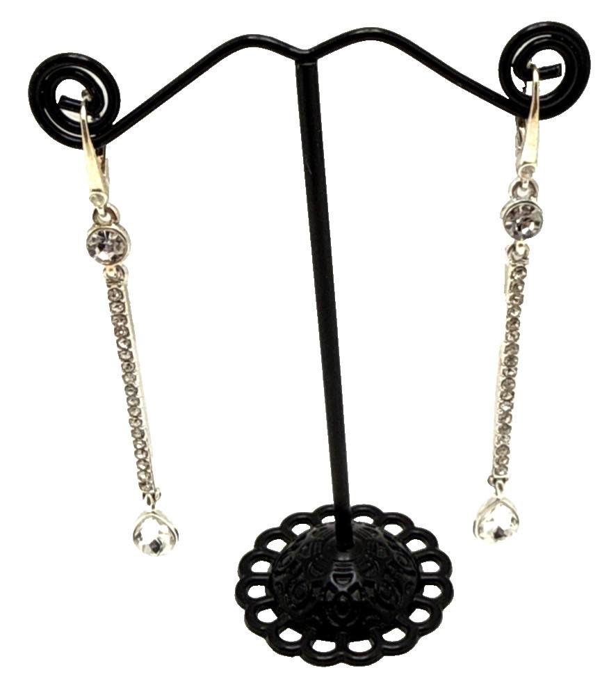Donna Karan DKNY Rhinestone Drop Earrings Clear Rod & Teardrop Dangle 2 3/4″