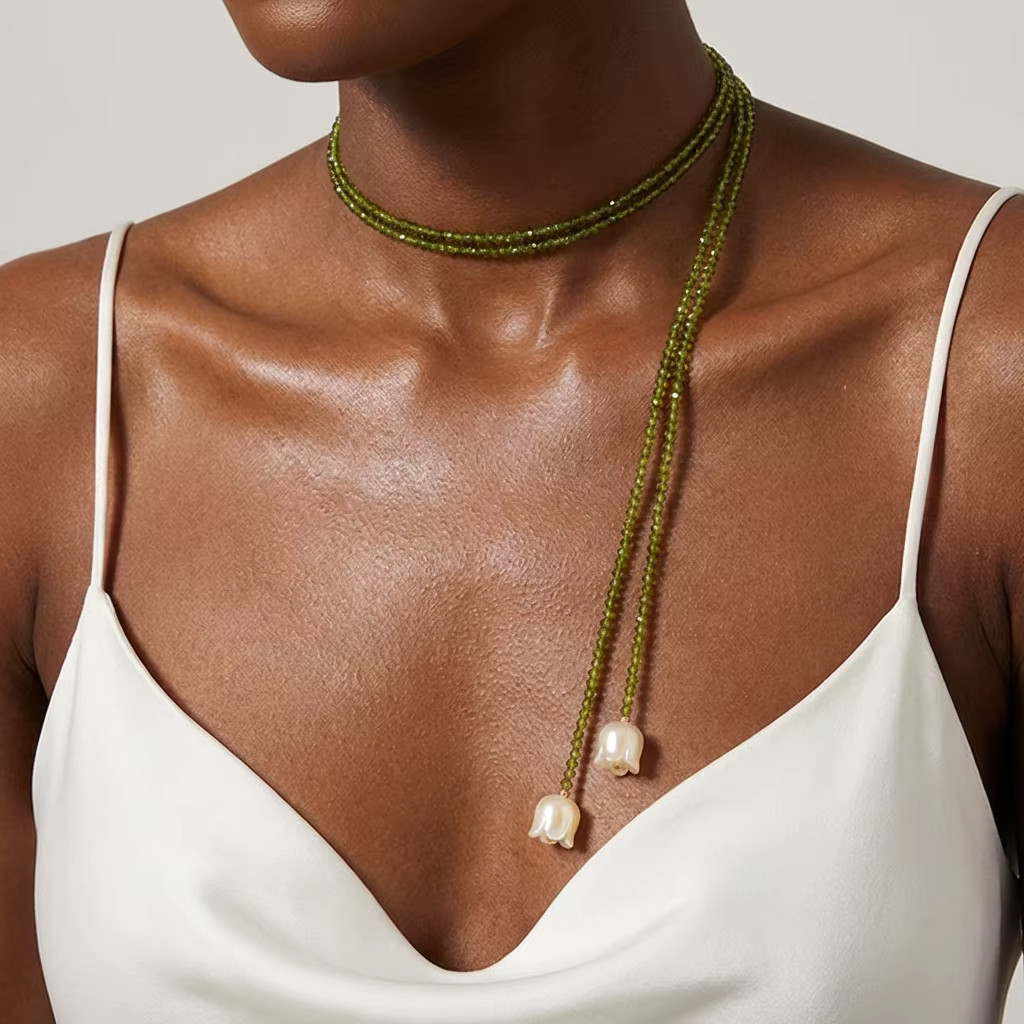 Olive Green Crystal Beaded Double Layer Lily of the Valley Necklace for Women