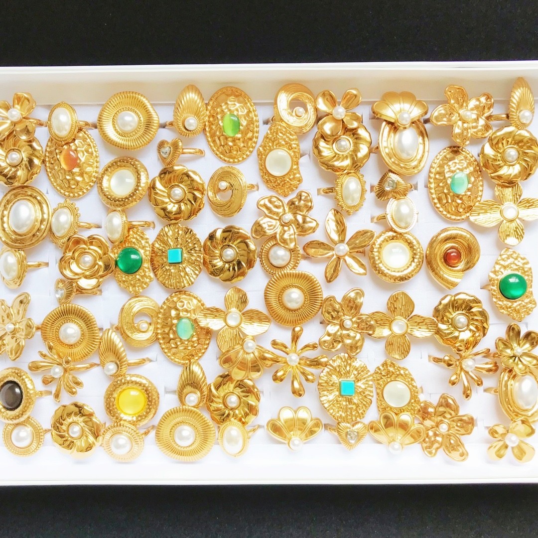 Bulk Lot 20pc Mix Gold 3D Flower Pearl Stone Stainless Steel Rings Women Jewelry