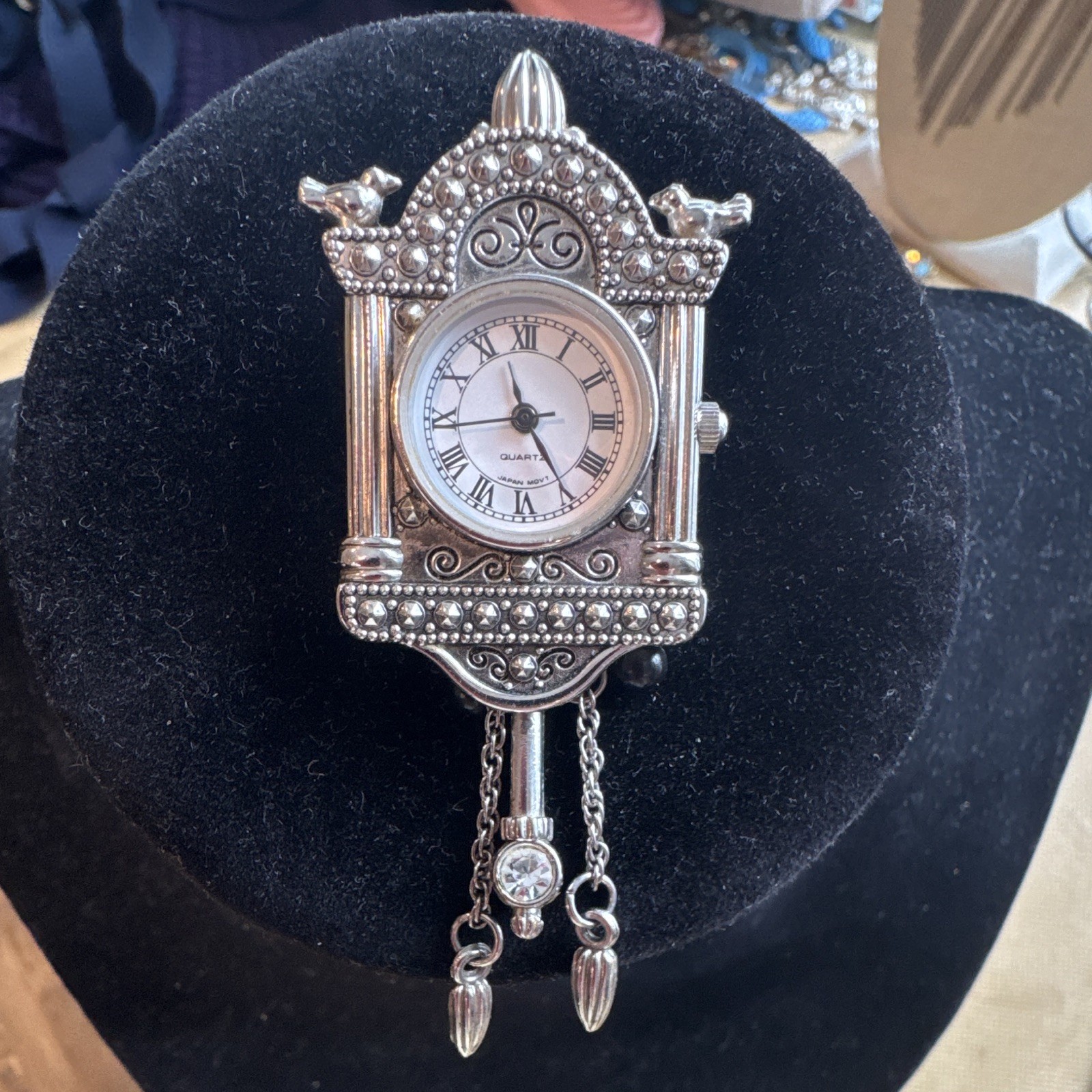 Avon Signed Silver Tone Clock Brooch Pin w/ Clear Crystal Dangle Charms
