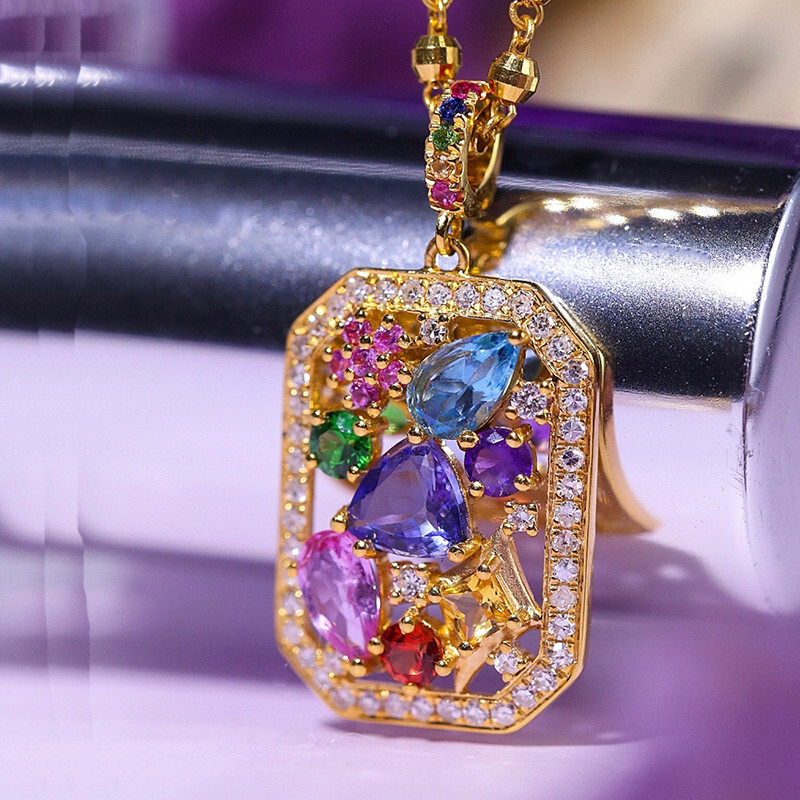 New Women Girls Jewelry Set Mix Color Amethyst Topaz Gems Necklace Rings Gold