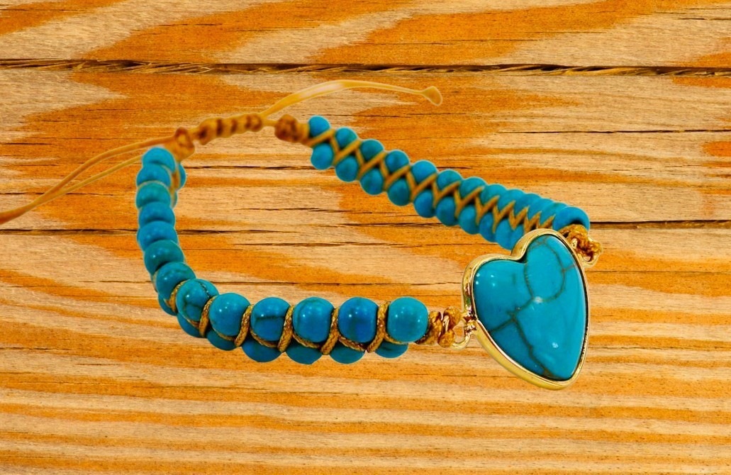 Turquoise stone heart bracelet with all round stones brown cord adjustable New