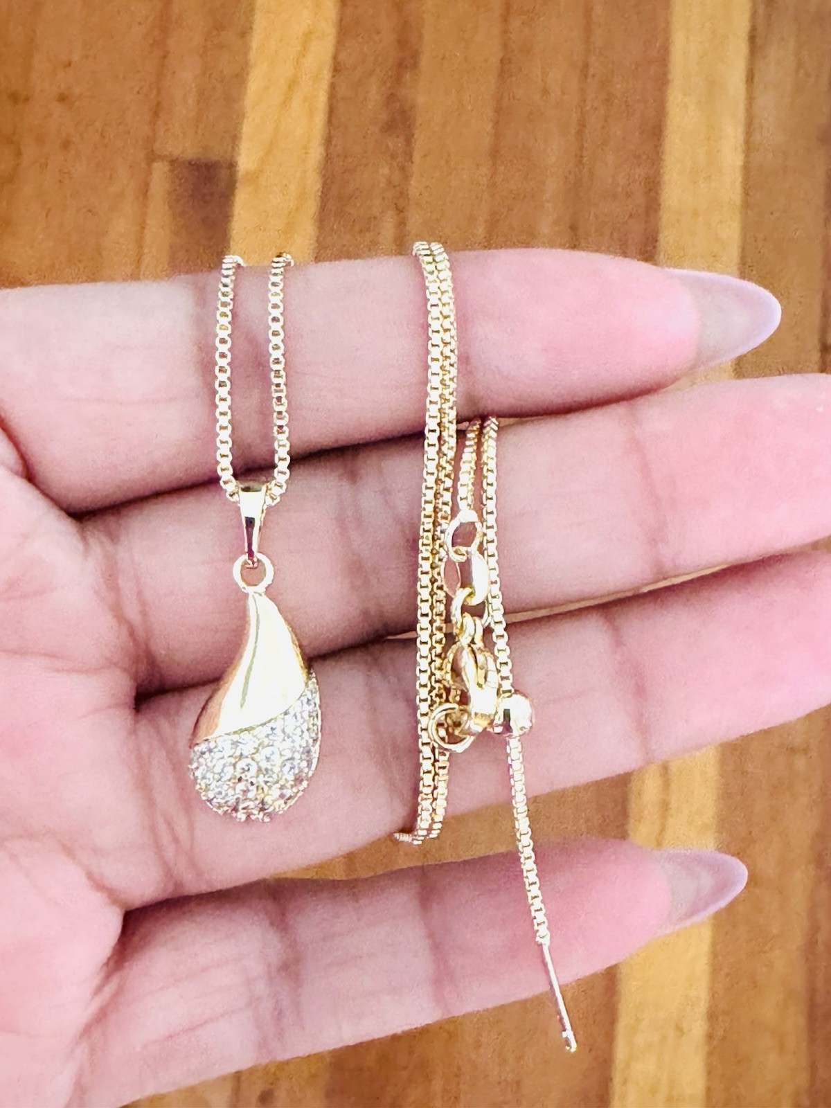 14K Gold Plated Teardrop Pendant Necklace White Crystal Pavé Box Chain necklace