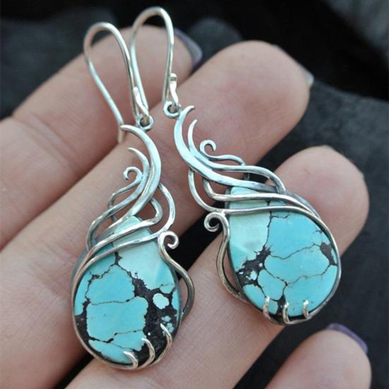 Womens Boho Vintage Silver Plated Teardrop Faux Turquoise Dangle Drop Earrings