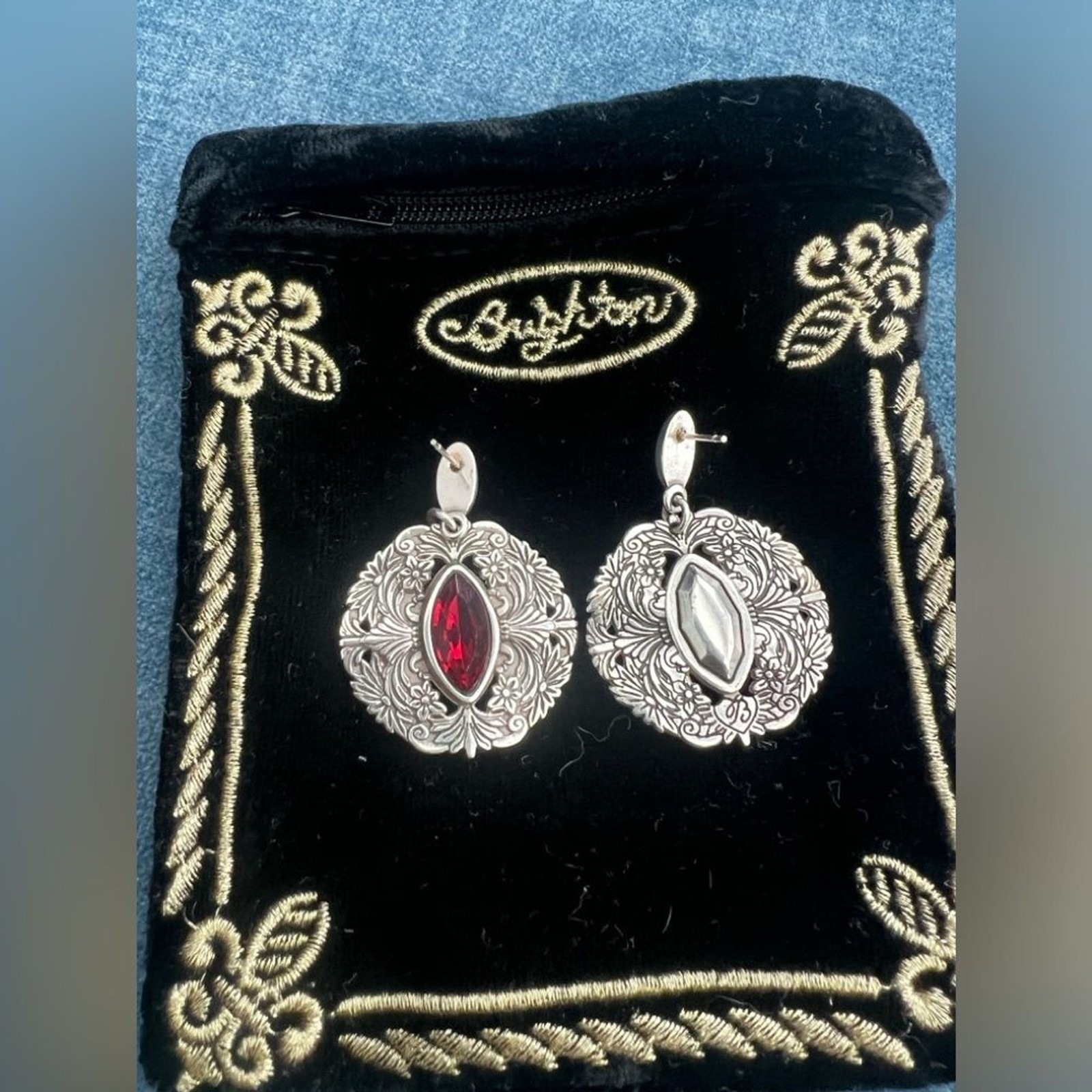 Brighton Rouge Lace Silver Plate Drop Post Earring w Red Navette Crystal