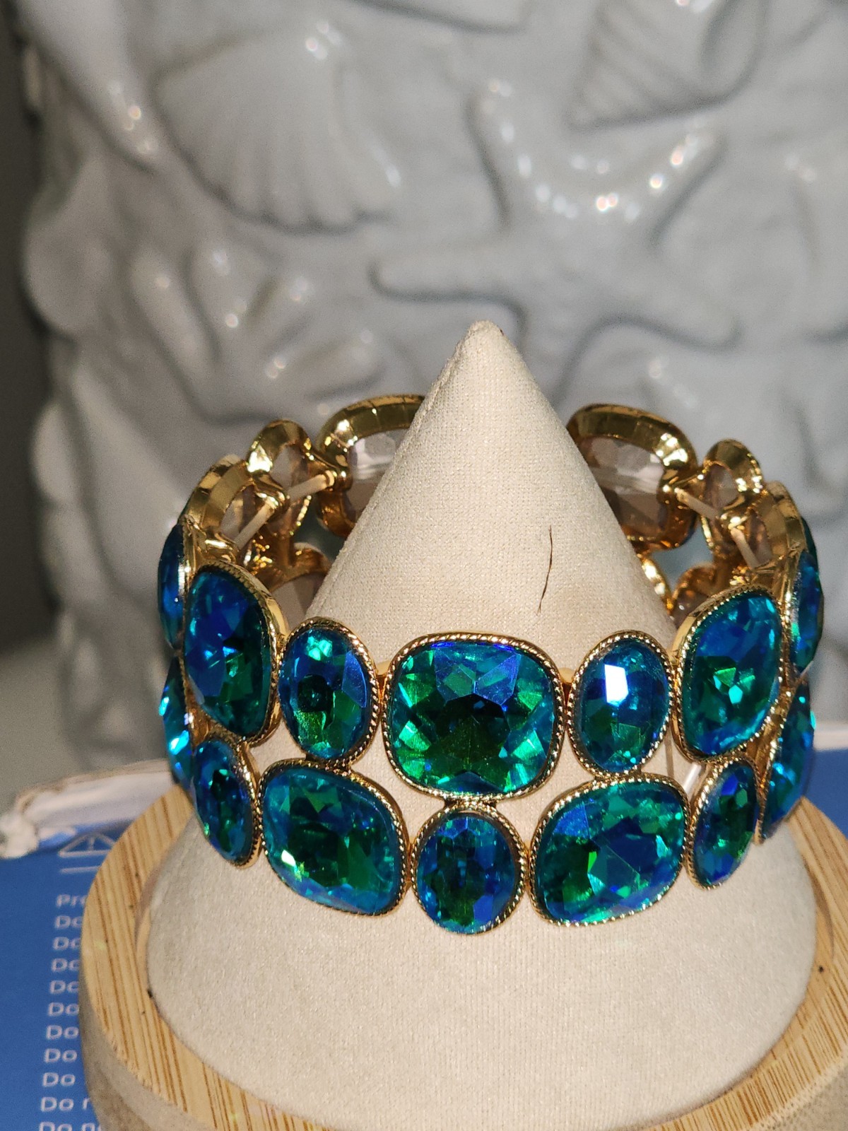 Gold-Tone Blue & Green Cushion AB Crystal Bezel Stretch Slip-On Bracelet NWOT