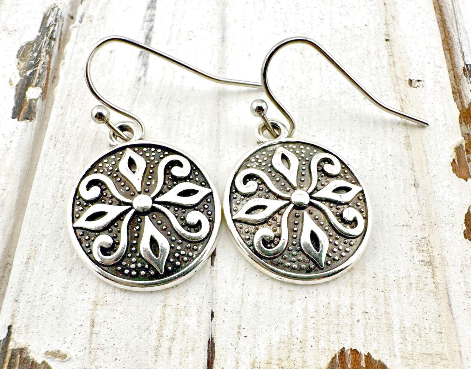 Silver Tone Engraved Folk Art Round Earrings