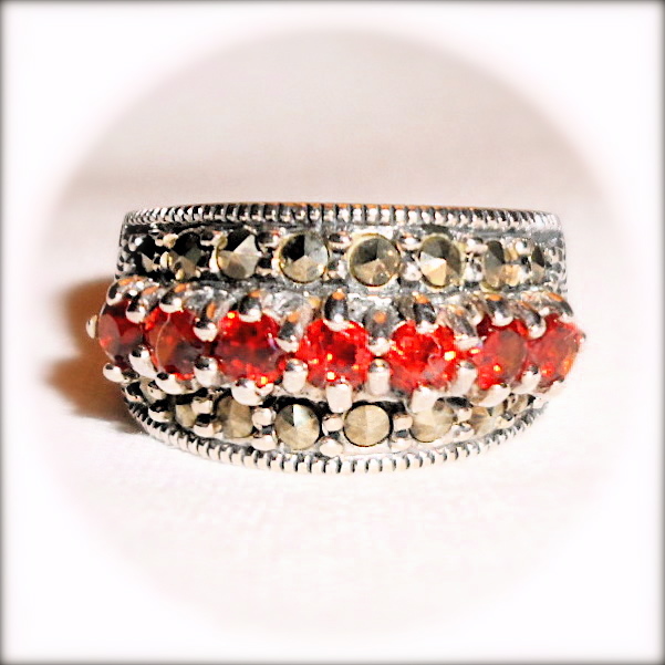 (SIZE 6,7,8,9) Fire Orange GARNET STONES RING Marcasite .925 STERLING SILVER