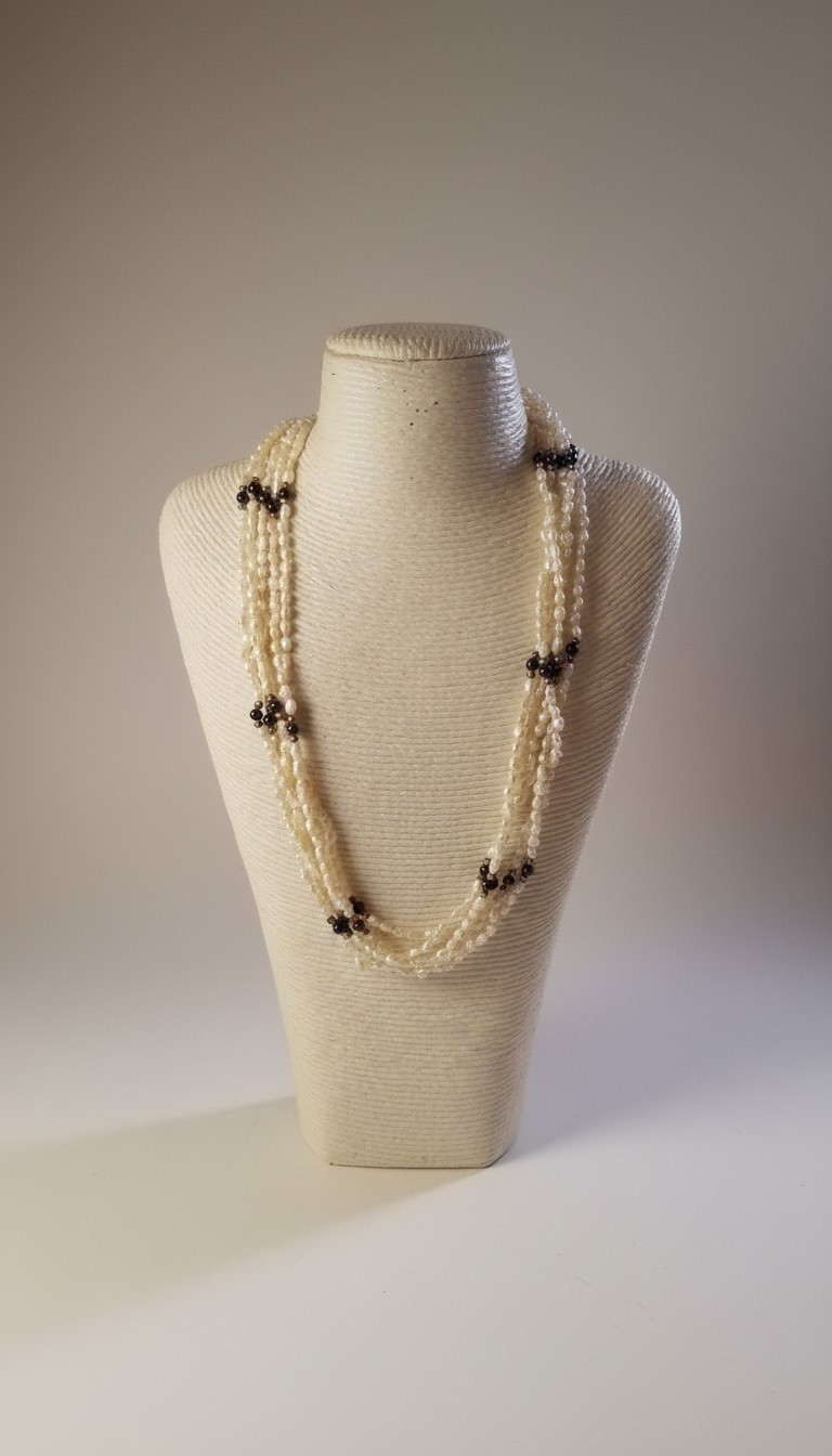 Multistrand White Round Pearl Necklace w/ Black Onyx Stations Silver Box Clasp
