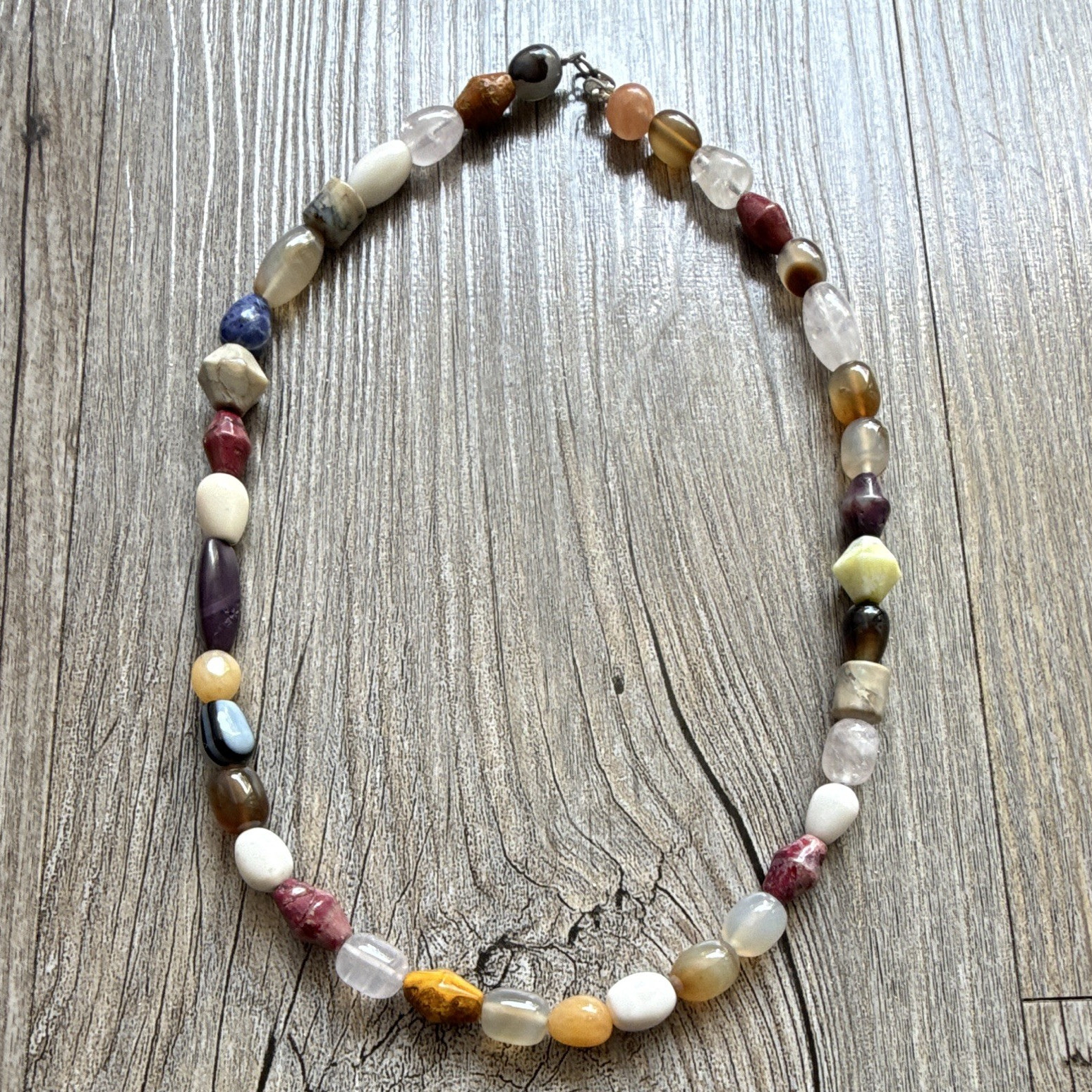 Multicolor Stone Beaded Strand Necklace, Mixed Shapes, Ball/Bead Chain, Lobster