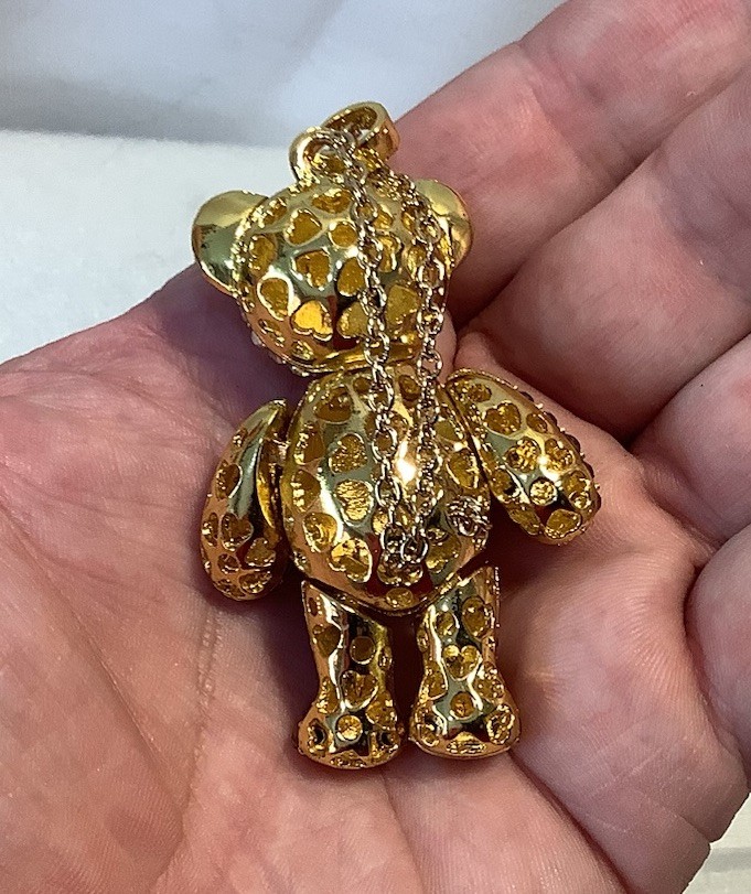 Adorable Gold Tone & Pink Rhinestone Articulated Teddy Bear Necklace & Earrings