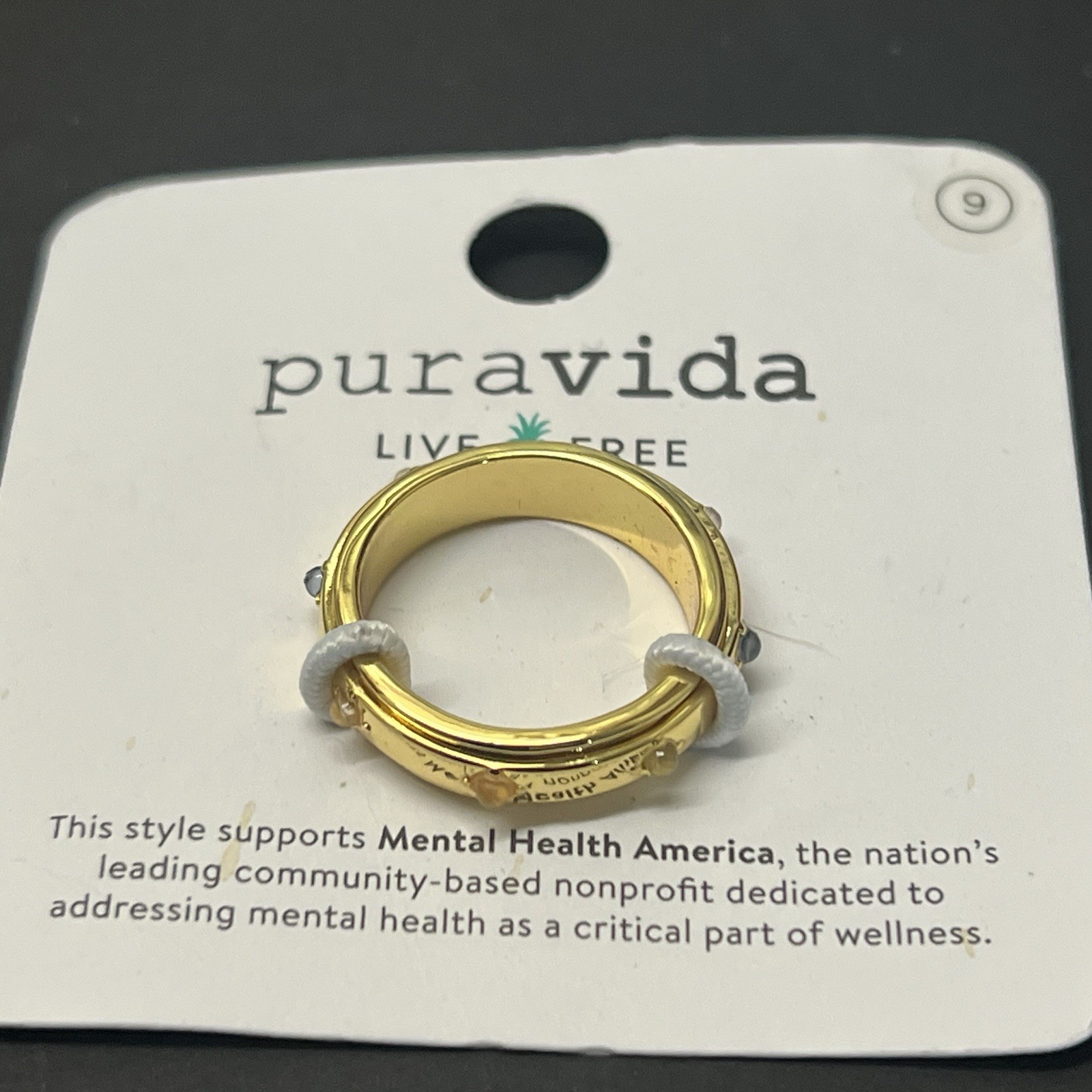 Puravida Mental Health Awareness Fidget spin Ring 9 10 NEW Gold tone Band stones