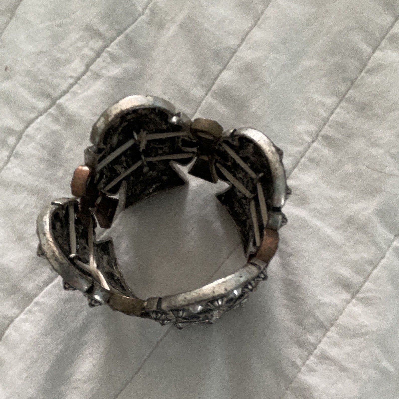 Silver Tone Cross Cuff Bracelet Rhinestone Stretch Slip-On Rodeo Punchy Cowgirl