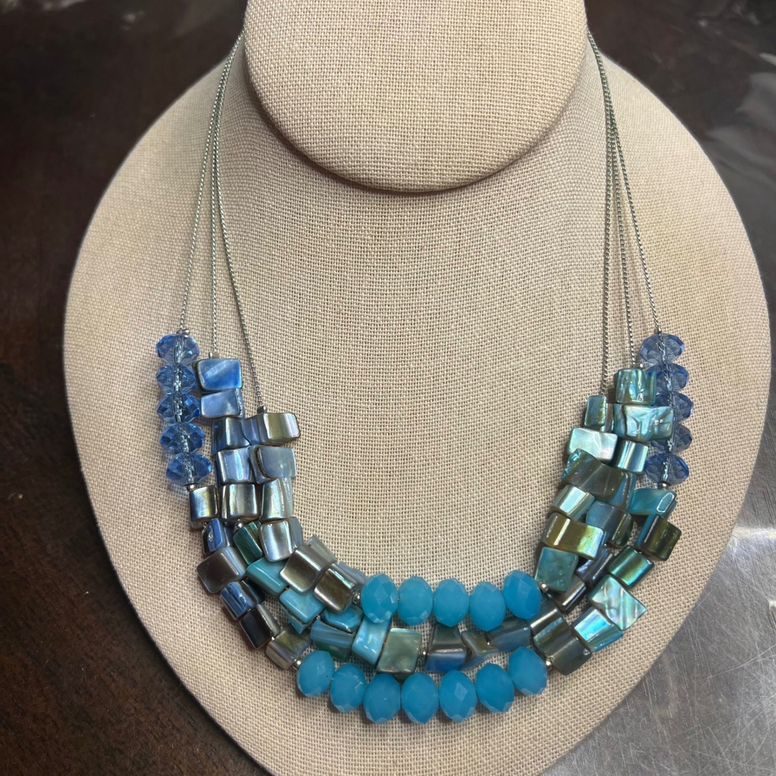 Blue Shell Bead Abalone Statement Necklace Fashion Jewelry Three Strand 17 in