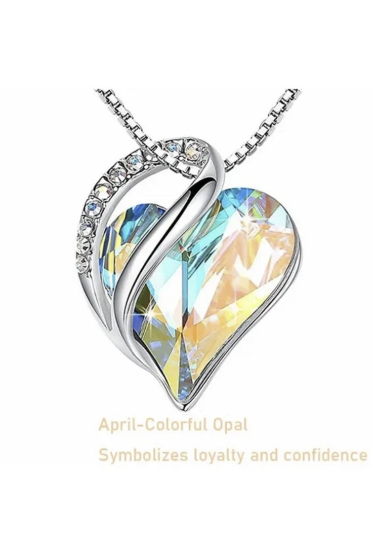 Women Birthstone Heart Silver Necklace Love Crystal Pendant Lady Fashion Gift