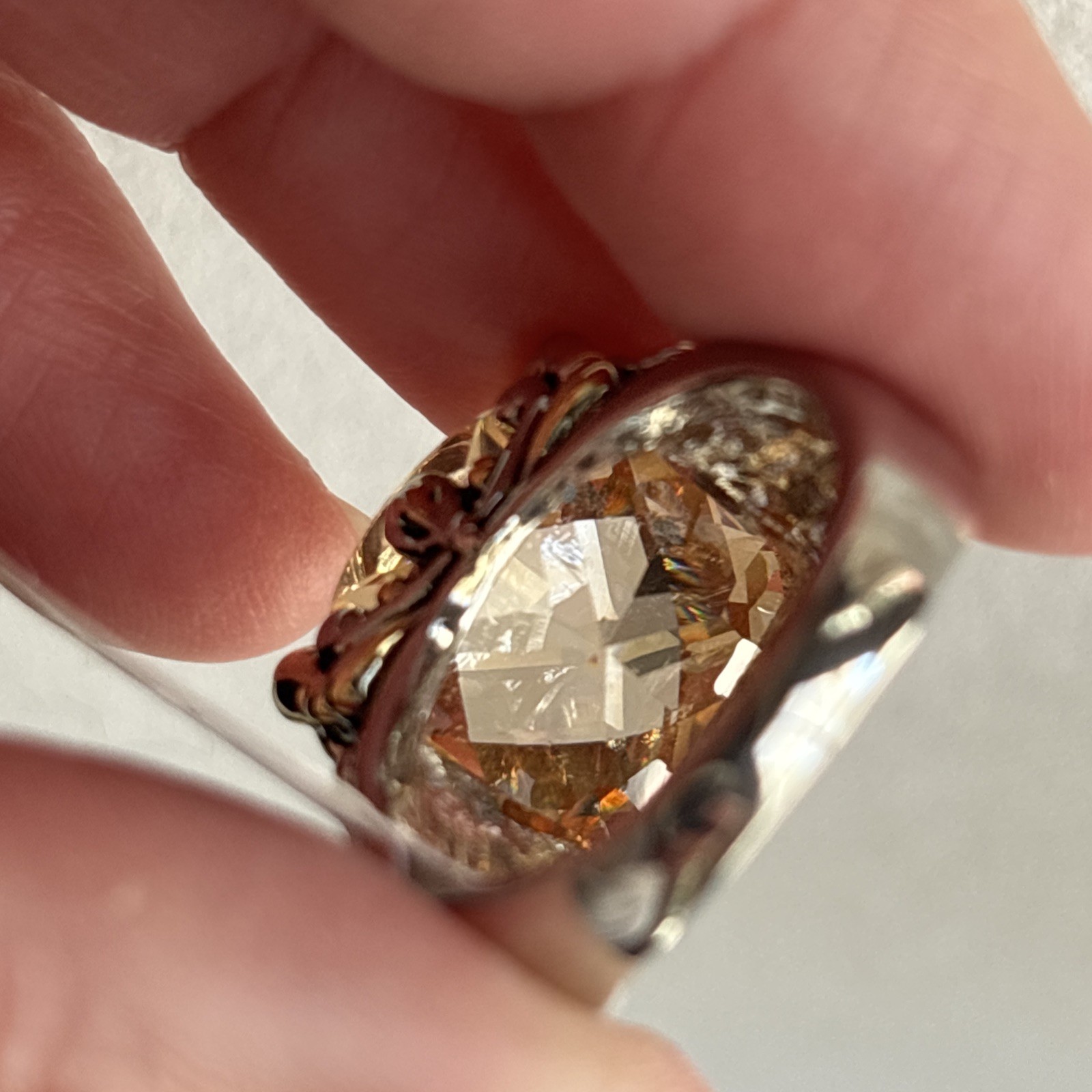 Inspirational Champagne Cushion Cut CZ Crystal Silver Gold Balinese Ring Size 7