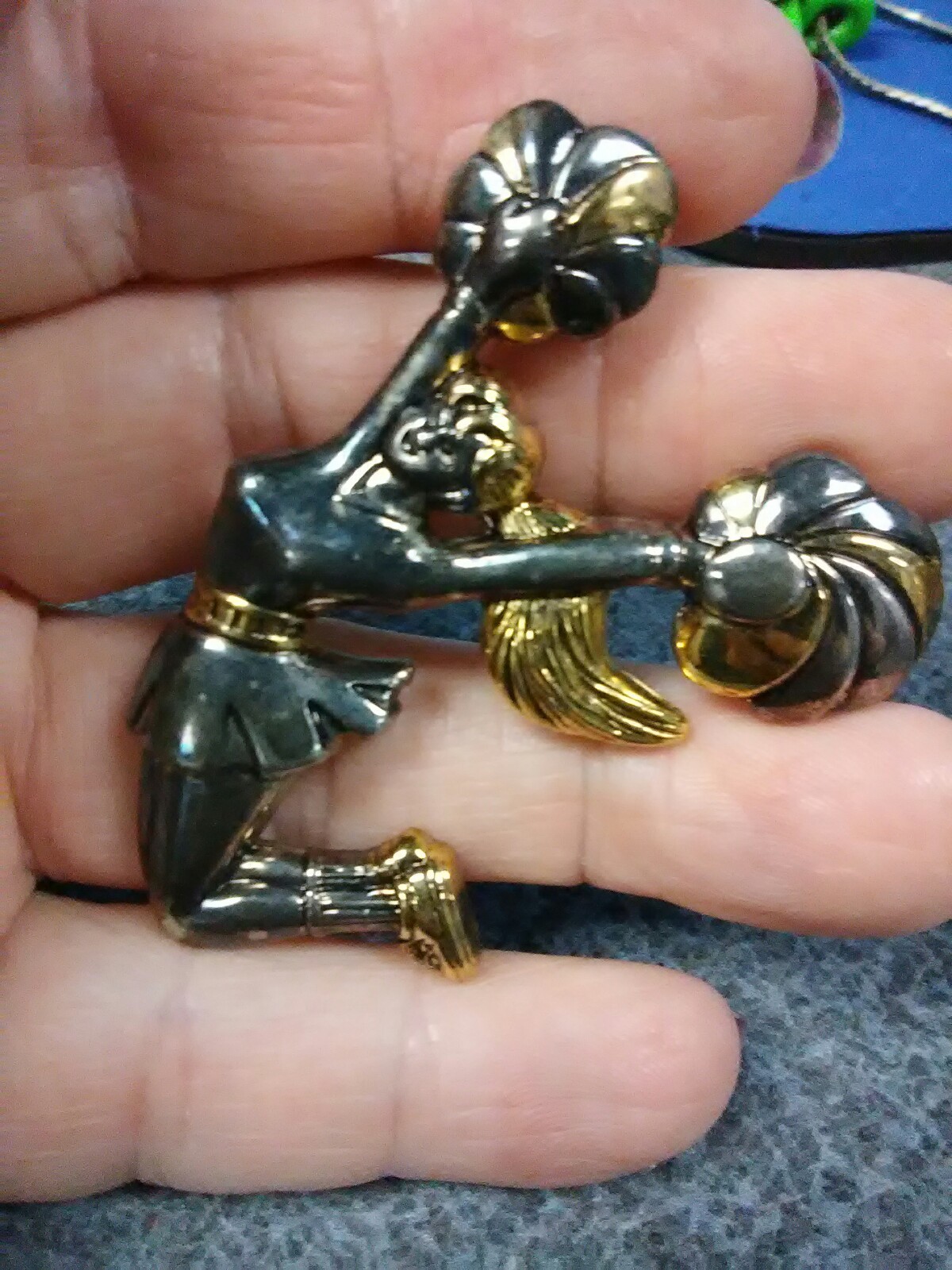 bronze look cheerleader brooch slider pendant necklace costume jewelry