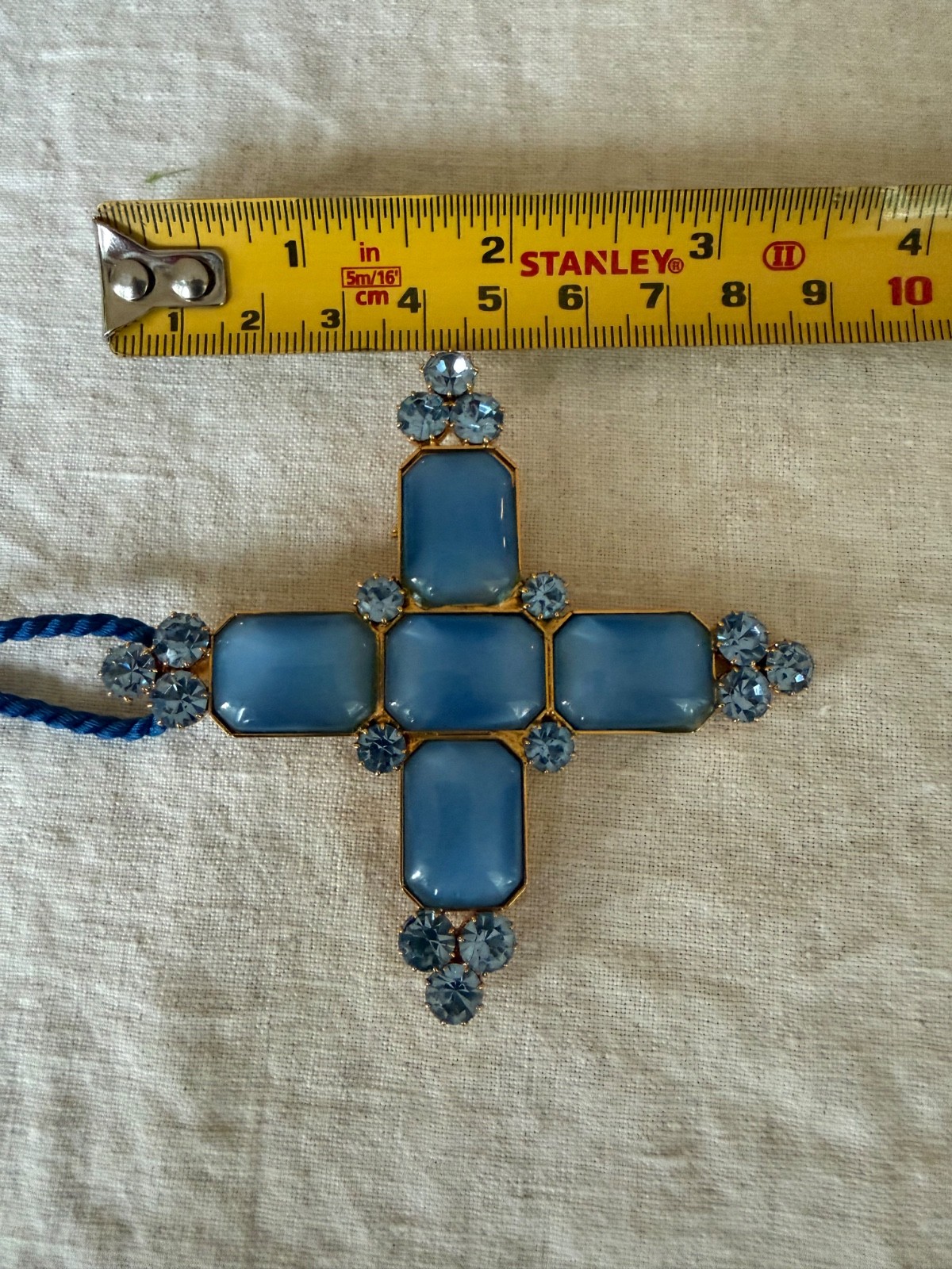 NWOT Vintage French Couture Style Cross / Brooch-Pendant Blue Glass 1980s