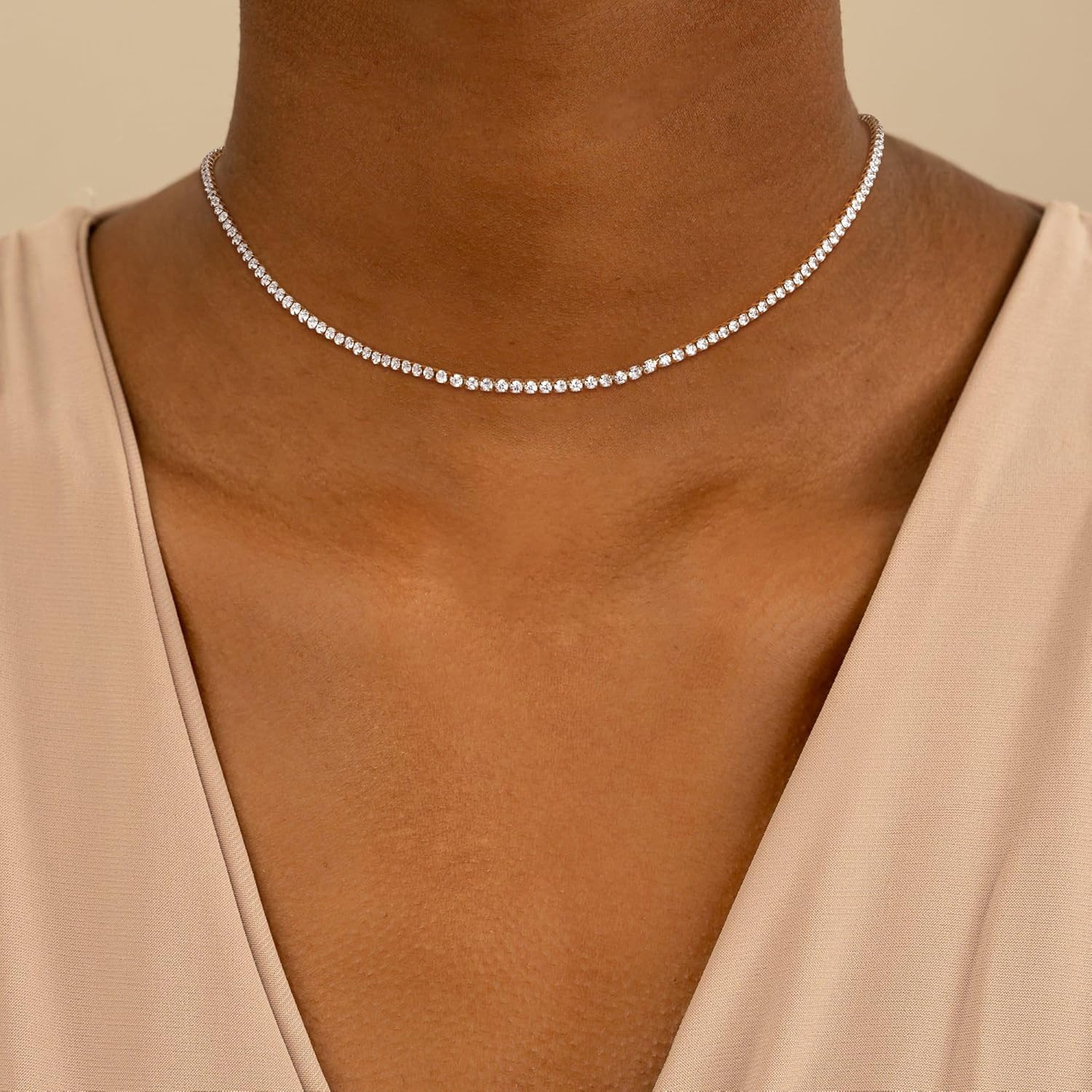 Tennis Necklace for Women, 14K Gold/Silver Plated Rhinestone Choker Necklace for