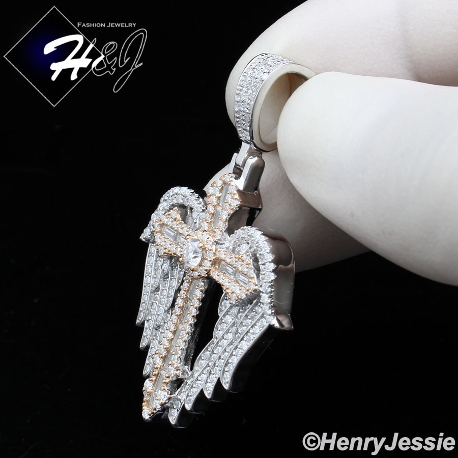 925 STERLING SILVER ICY BLING MOISSANITE 3D CROSS ANGEL WING PENDANT*MP536
