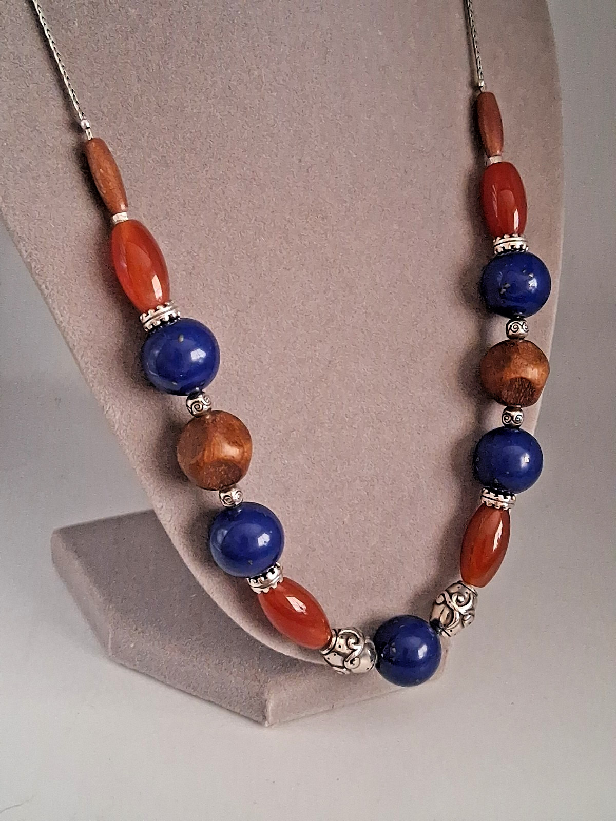 NWT Brighton SOL Carnelian, Blue Lapis Wood Beaded Silver Plated Necklace 18-30″
