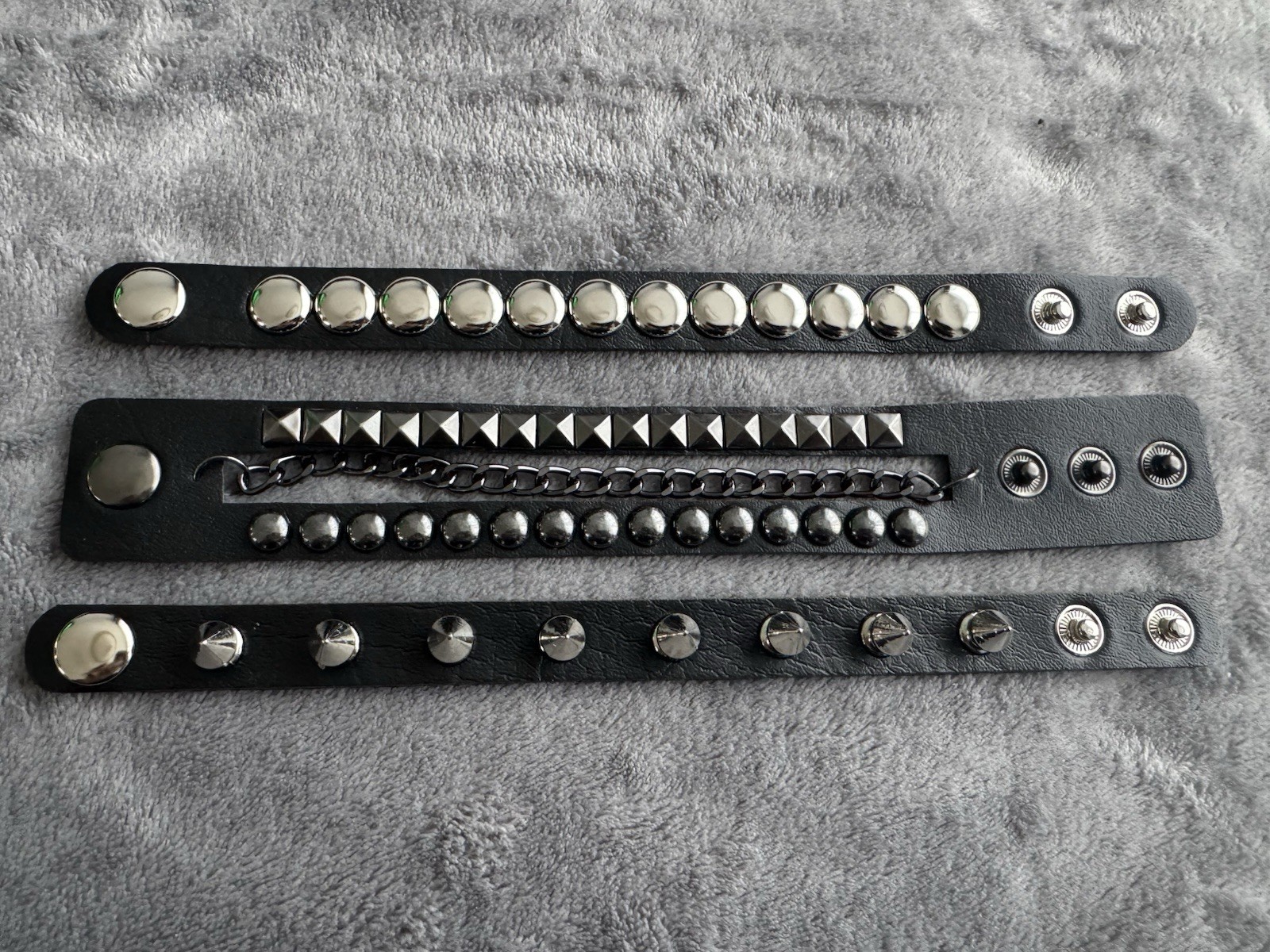 Goth Punk Studded Bracelet Set (3 Pack) Black Leather Look, Spikes & Chain, New