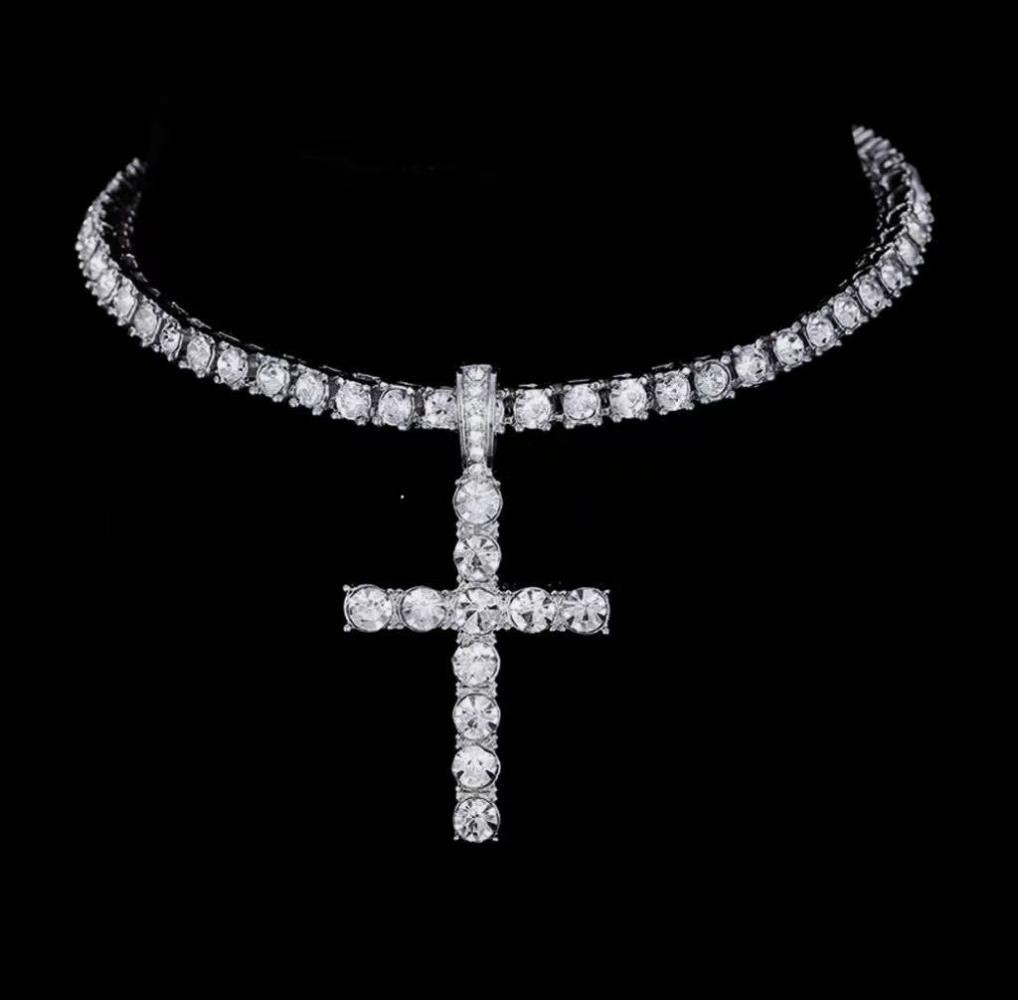 Silver Layer Tennis Chain Cross Pendant Hip Hop Unisex Bling Layering Necklace