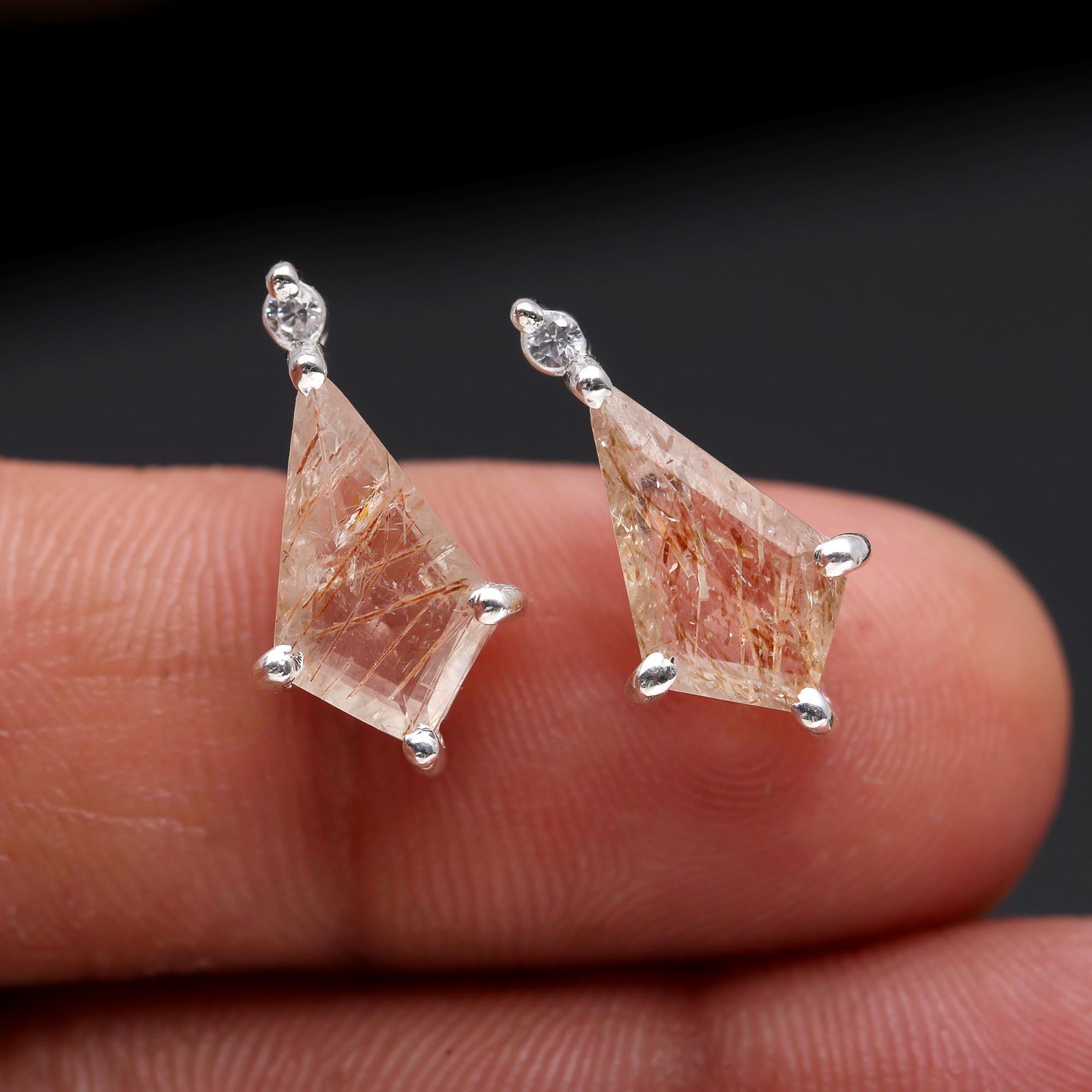 Natural Copper Rutile Kite Stud Earrings 925 Sterling Silver Minimalist Jewelry