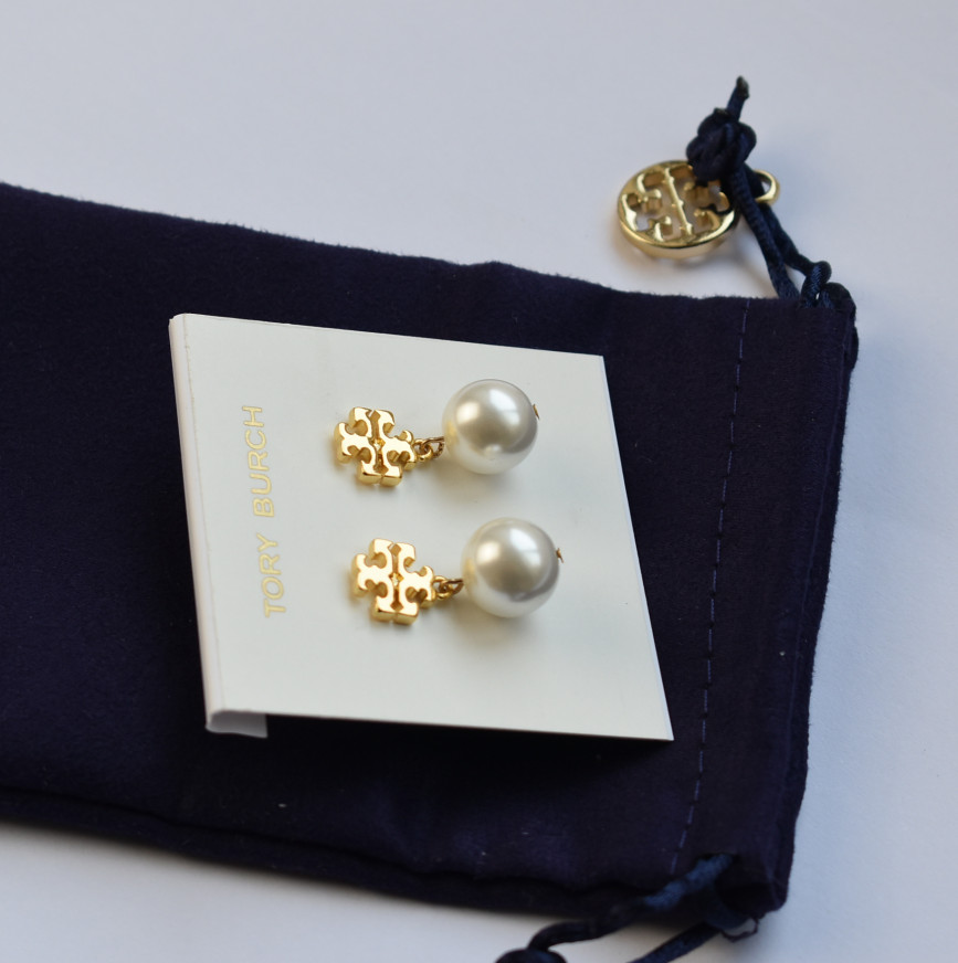 Tory Burch TB logo White Pearl Drop Earrings Gold with dust bag