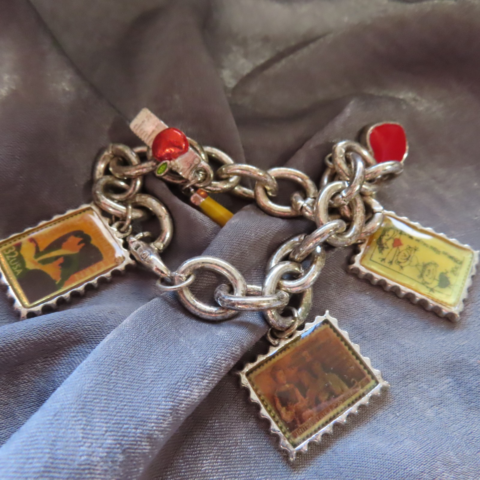 Education themed US Postal Stamp charm bracelet, silver-tone