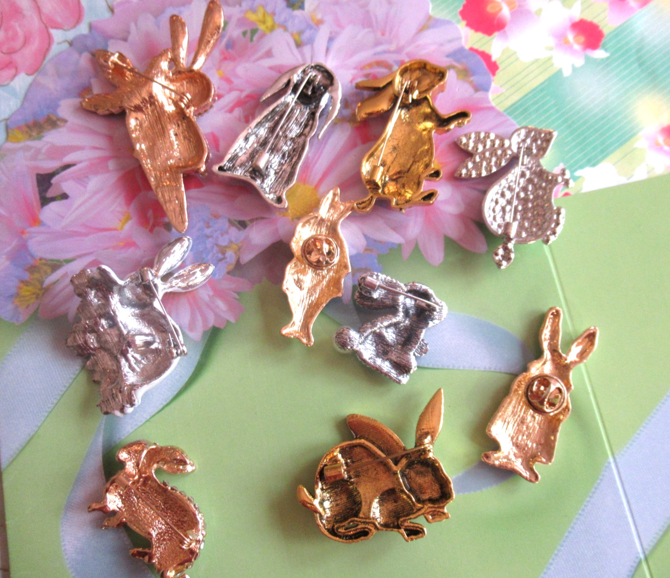 Beautiful BUNNIES Rabbit Easter Crystal Enamel Brooch Lot 10 pcs NEW