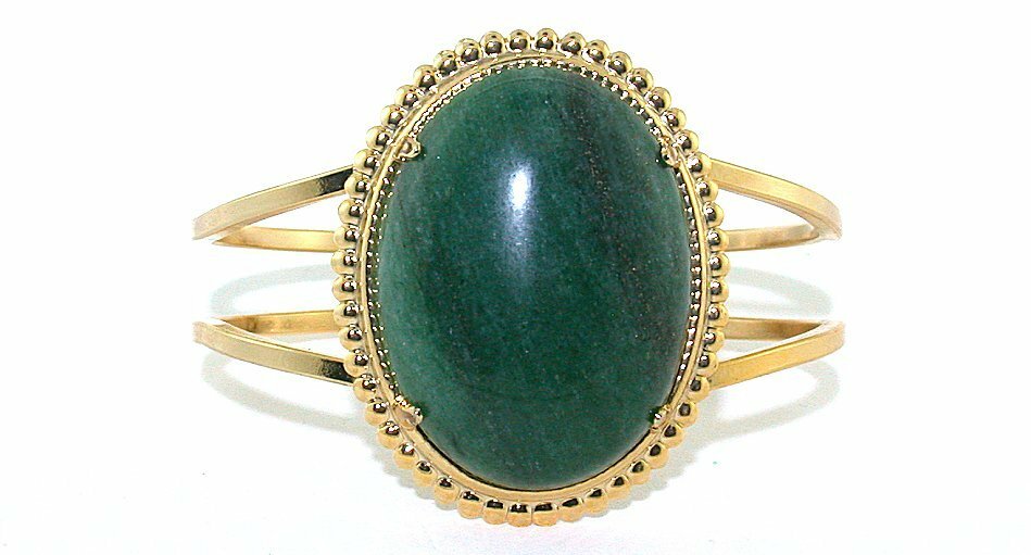40×30 Dark Green Aventurine Cab Spring Load 7 1/2 Inch Goldplated Cuff Bracelet