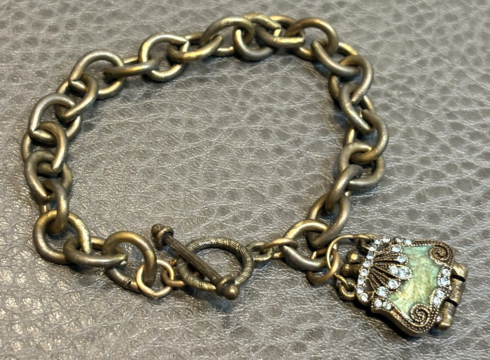 VTG Victorian Style Dark Metal Enamel Purse Rhinestone Locket Charm Bracelet