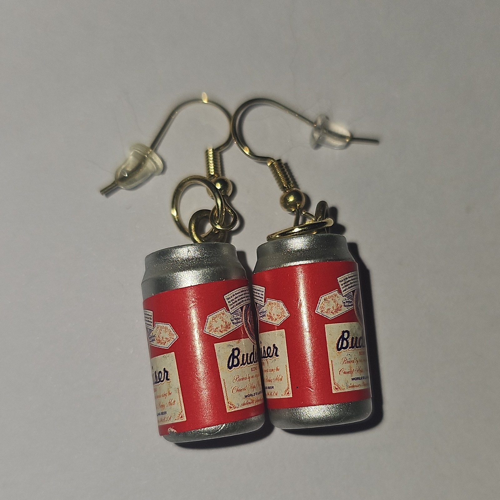 Budweiser Beer Can Dangle/Drop Earrings Red Silver Metal Hook Lobe No Stone