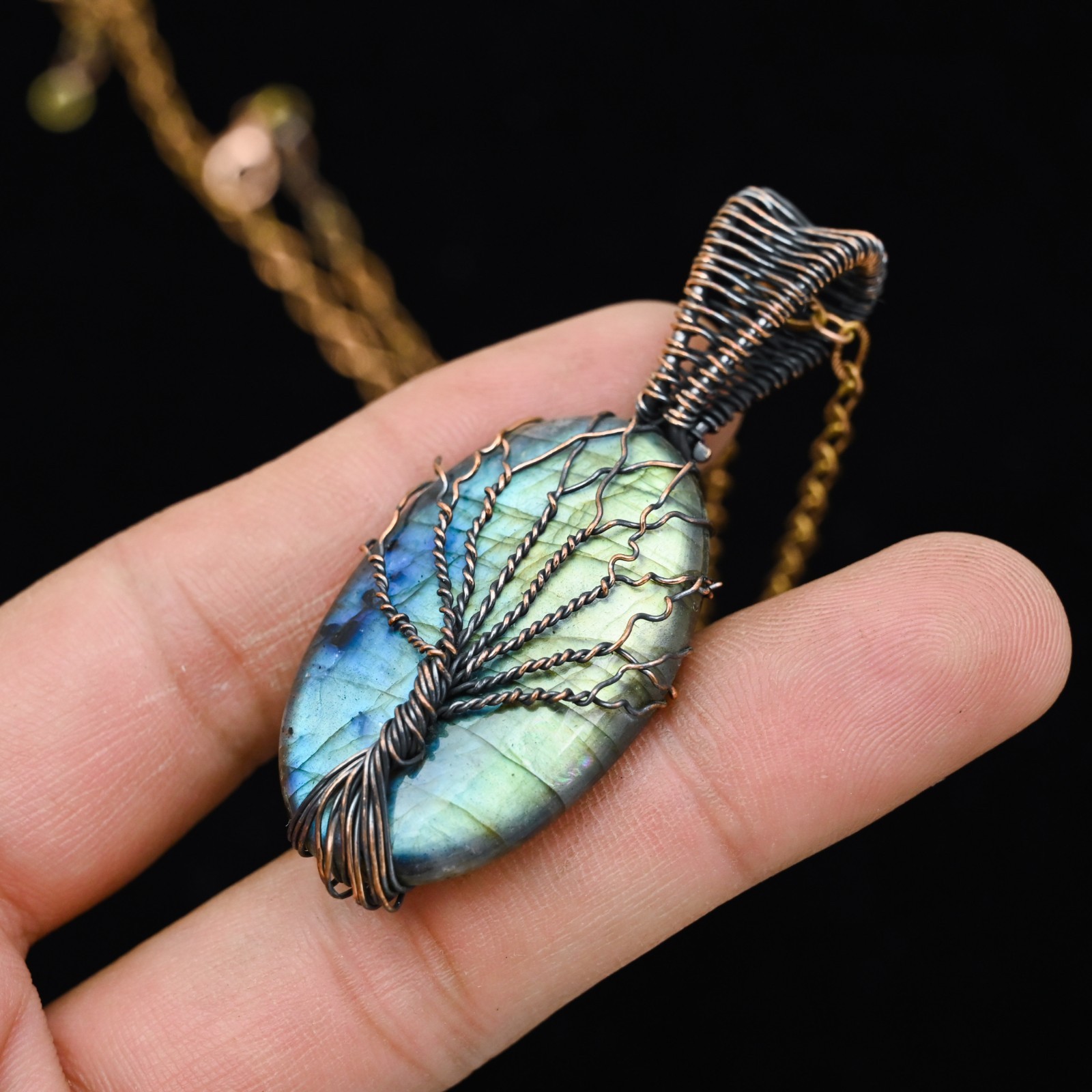 Copper Wire Wrap Labradorite Tree of Life Pendant Artisan Gemstone Necklace