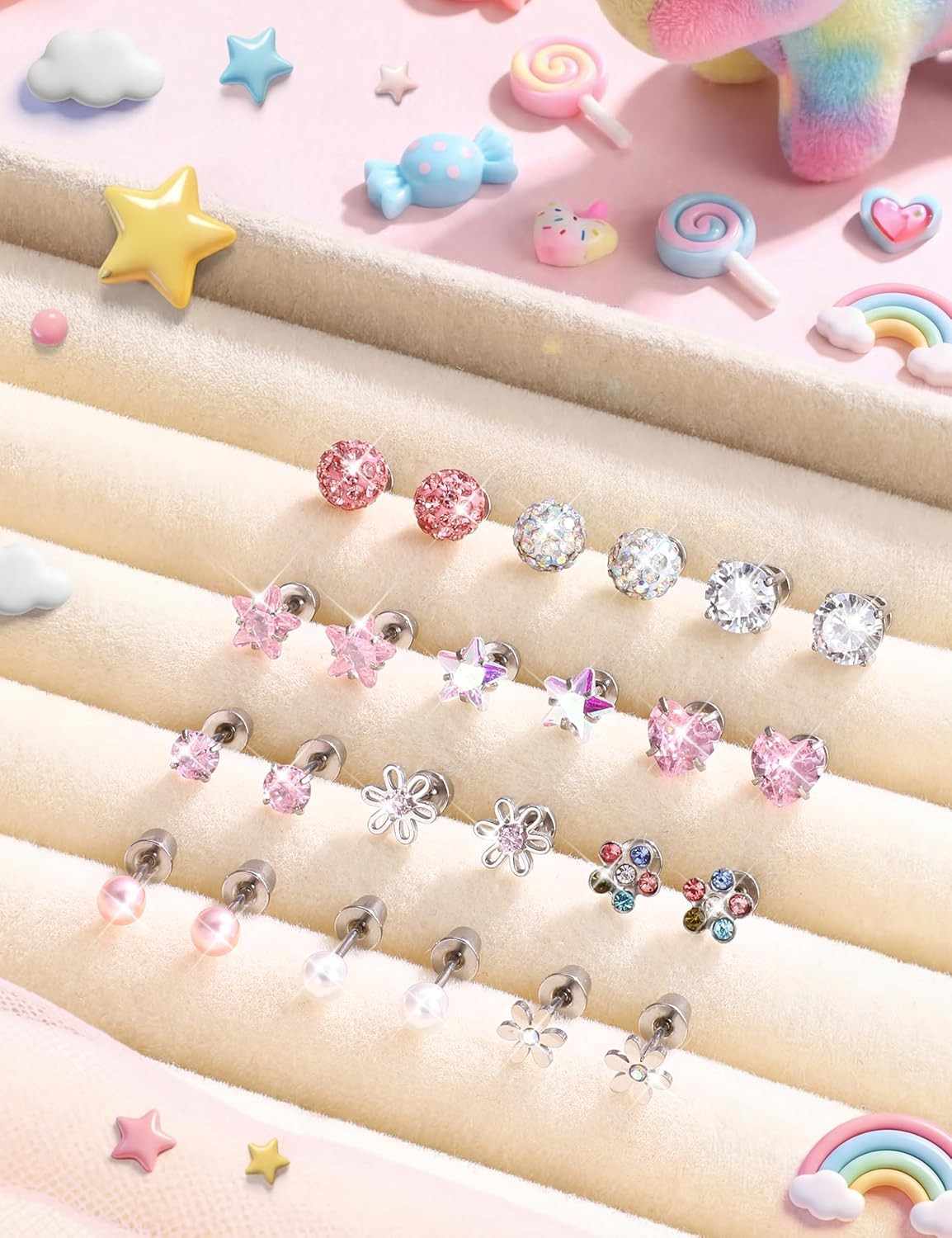 12 Pairs Hypoallergenic Screw Back Earrings for Women Girls Surgical Steel Cute