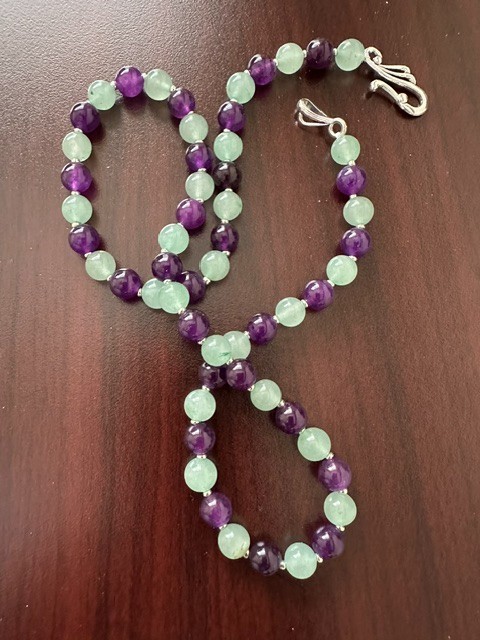 Natural Green Aventurine Purple Amethyst 8 mm Gemstone Beads 20″ Necklace.