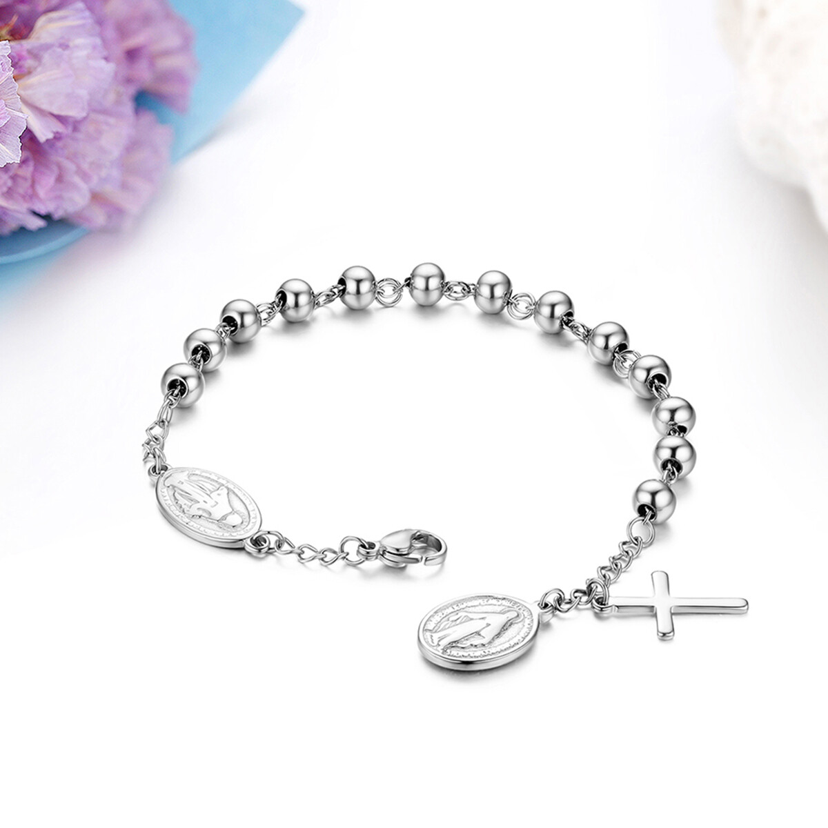 Women Men Unisex Stainless Steel Virgin Mary Cross Pendant Beaded Chain Bracelet