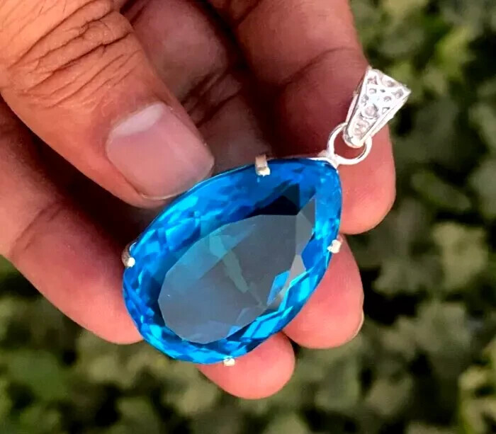 Natural 60.20 Ct Brazilian Pear Cut Blue Topaz Pendant 925 Silver Gemstone