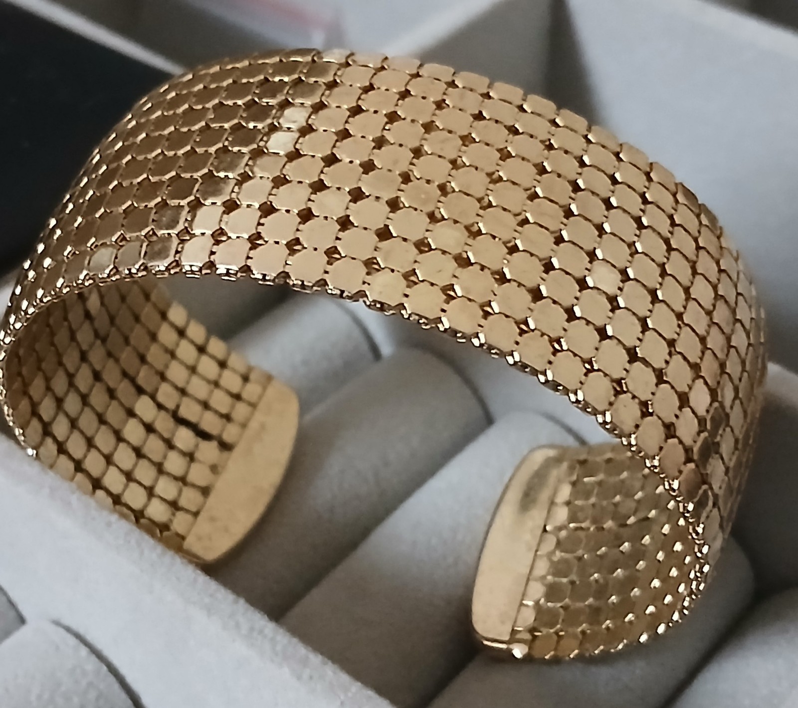 Vintage Gold Tone Wide Cuff Hexagon Honeycomb Textured