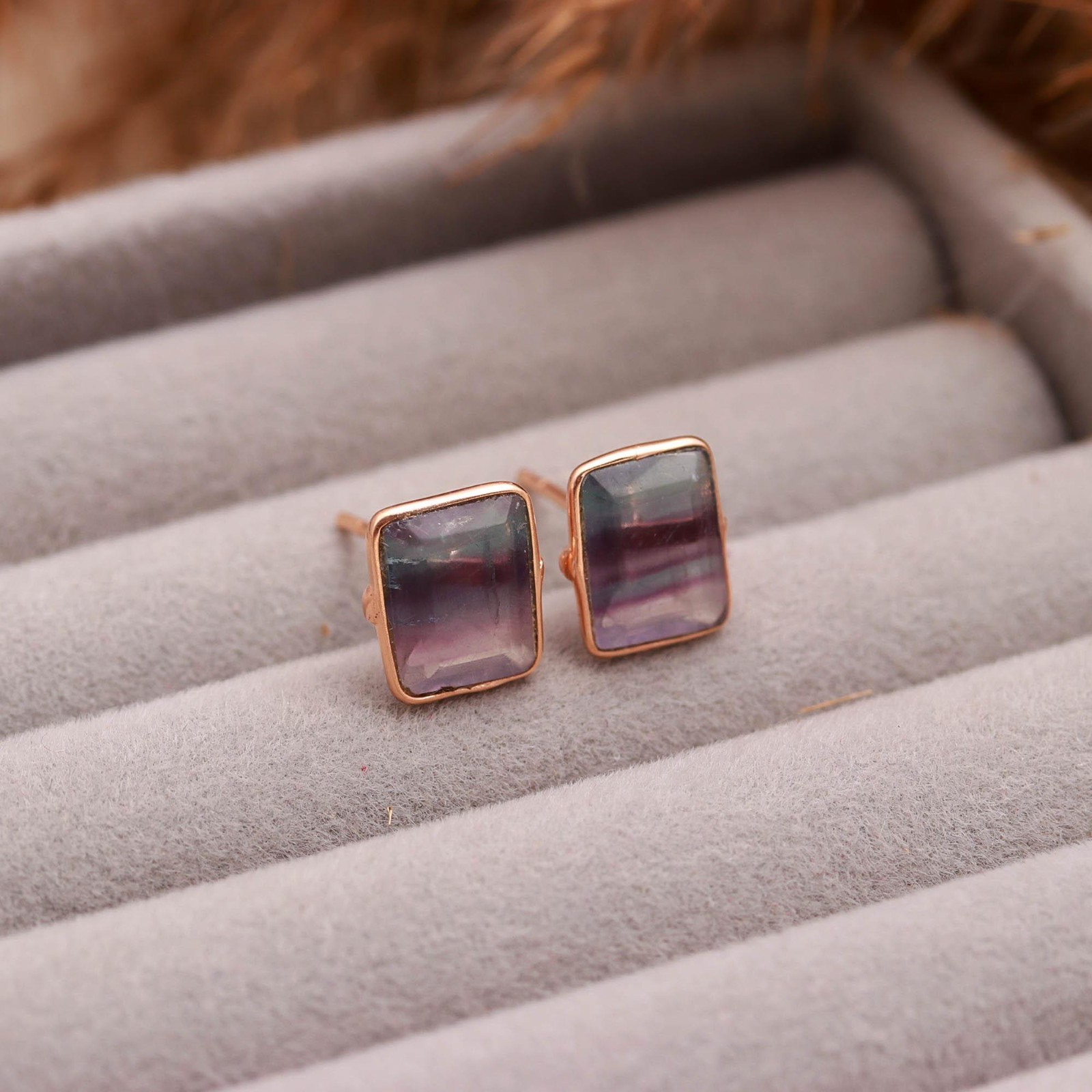 100%Natural Fluorite Octagon Stud Earrings Rose Gold Plated Solid Silver Jewelry