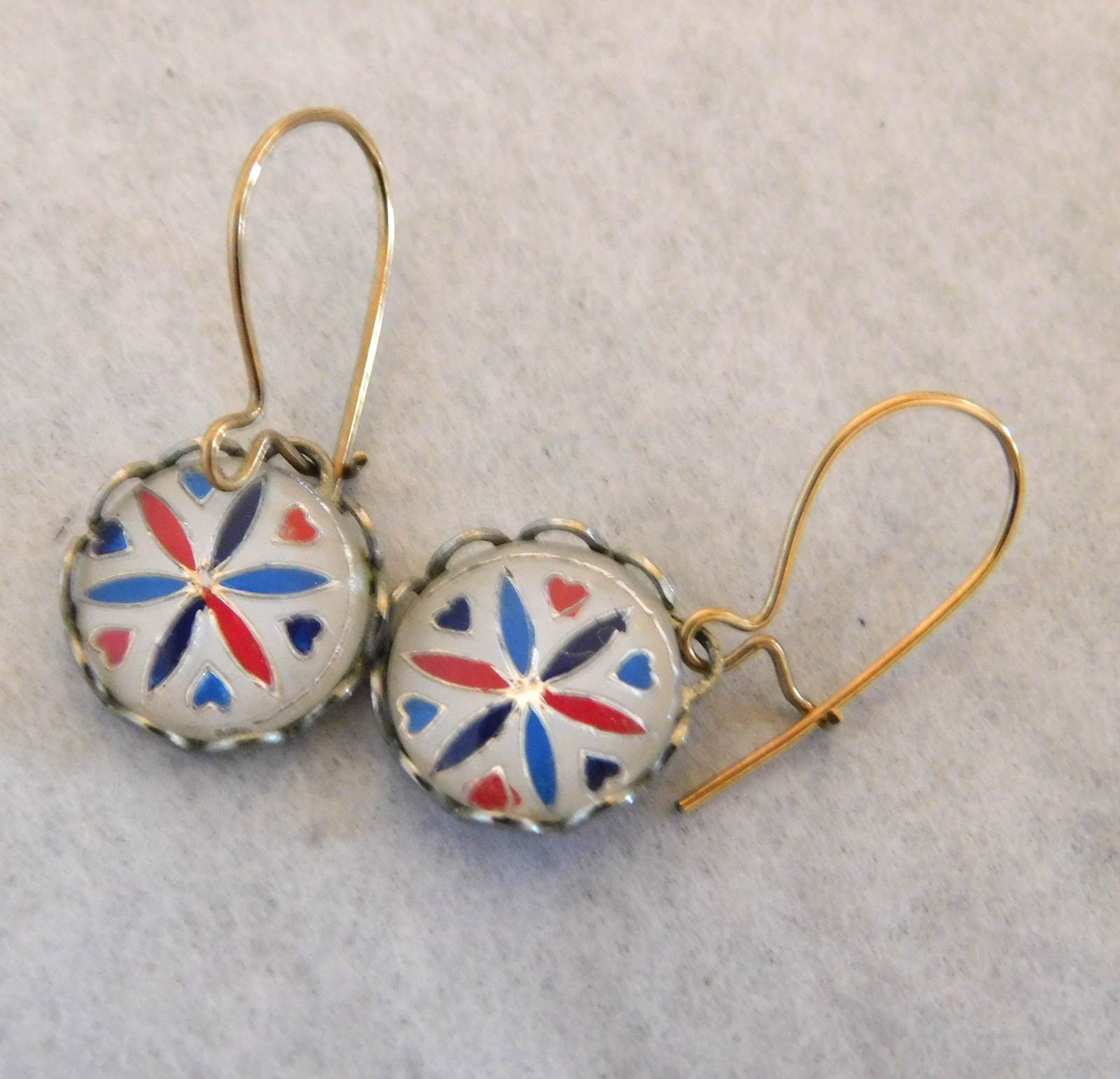 2 Pair Small Earrings – Pierced – Hex Sign + Enamel Ceramic Glass Flower (#E232)