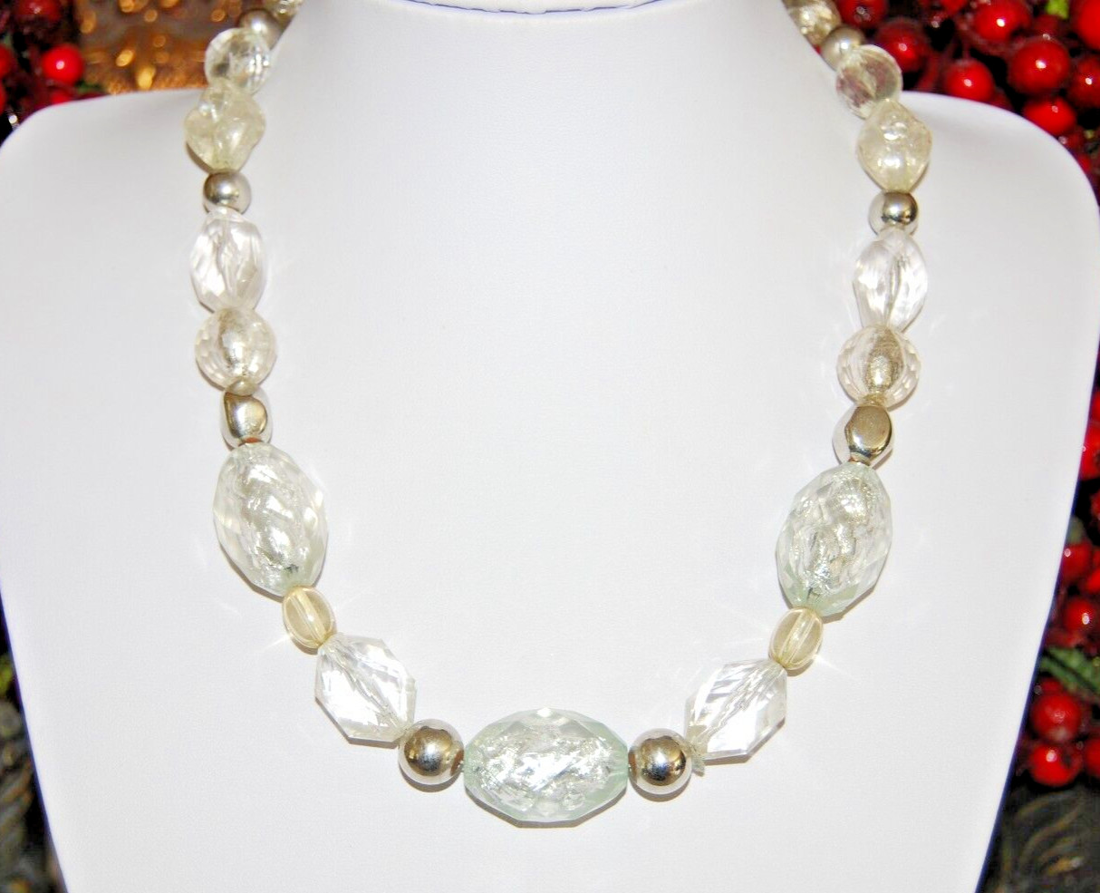 Wonderful NY Bold Couture Acrylic Silver & Clear Bead Statement Strand Necklace