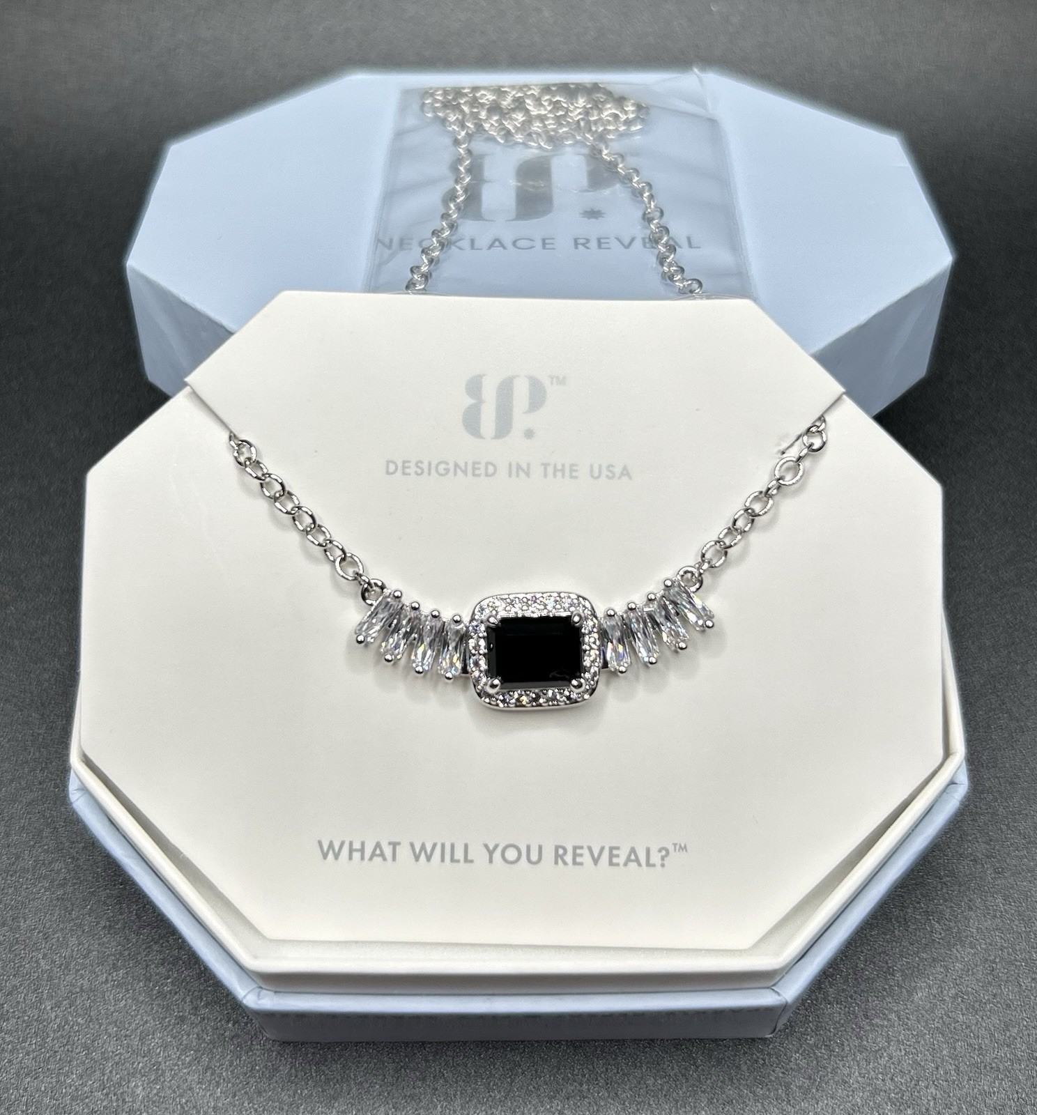 Bomb Party Necklace NK56687 Pale Dreams On The Horizon Black Onyx CZ on Rhodium