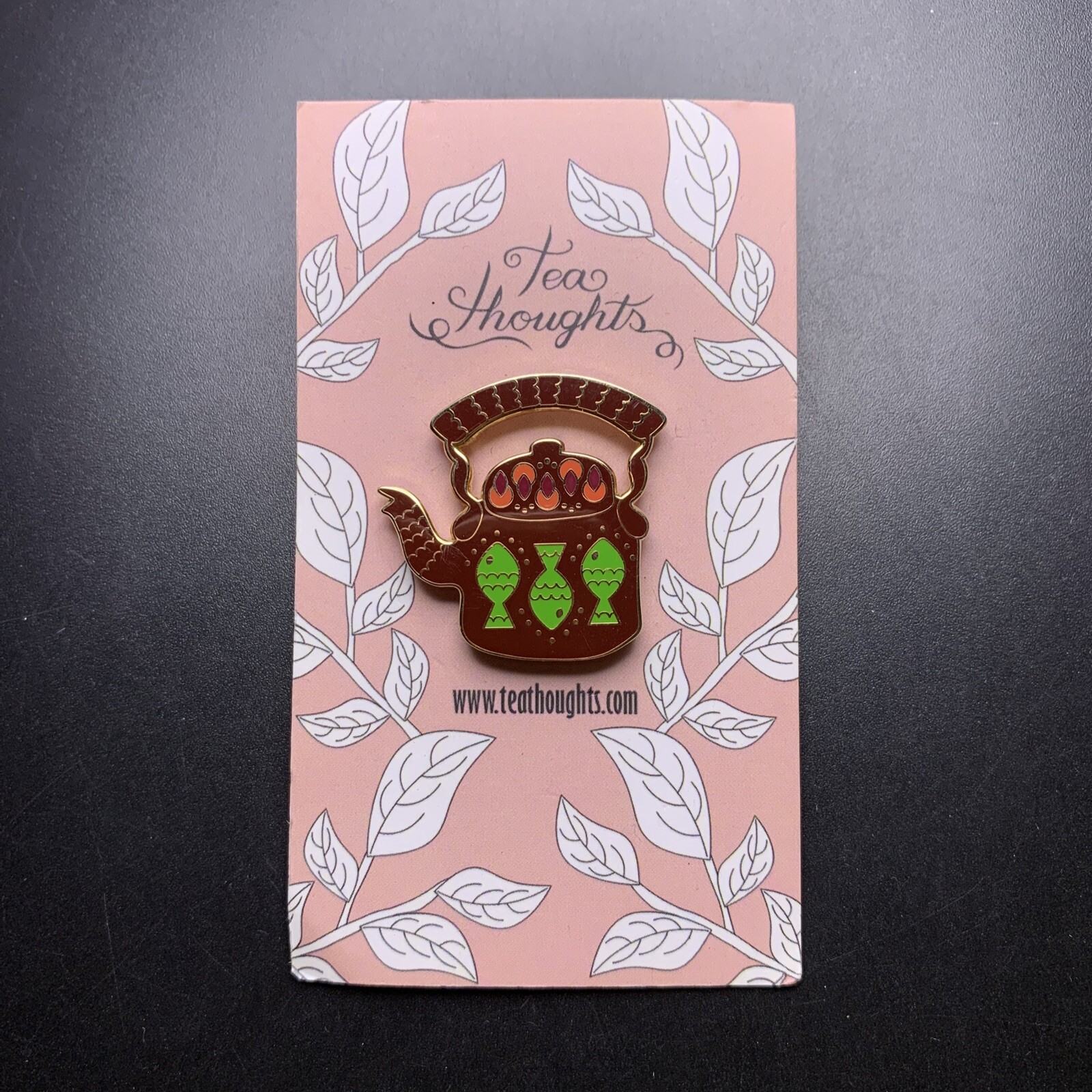 Tea Thoughts Pin Lapel Enamel Brown Green Fish Gold Tone Teapot Kettle