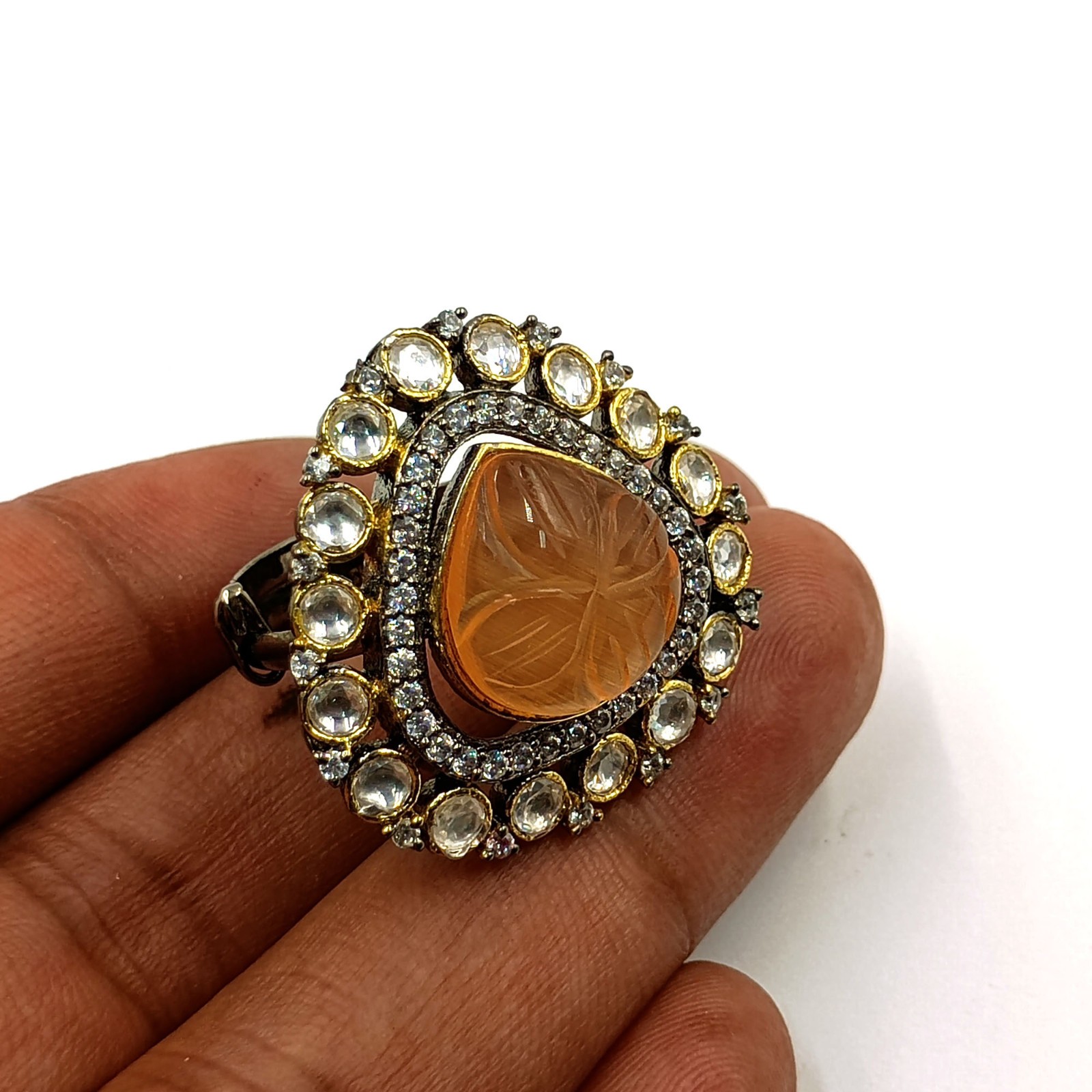 Artisan Rose Quartz Ring Cubic Zirconia Black Rhodium Plated Statement Jewelry