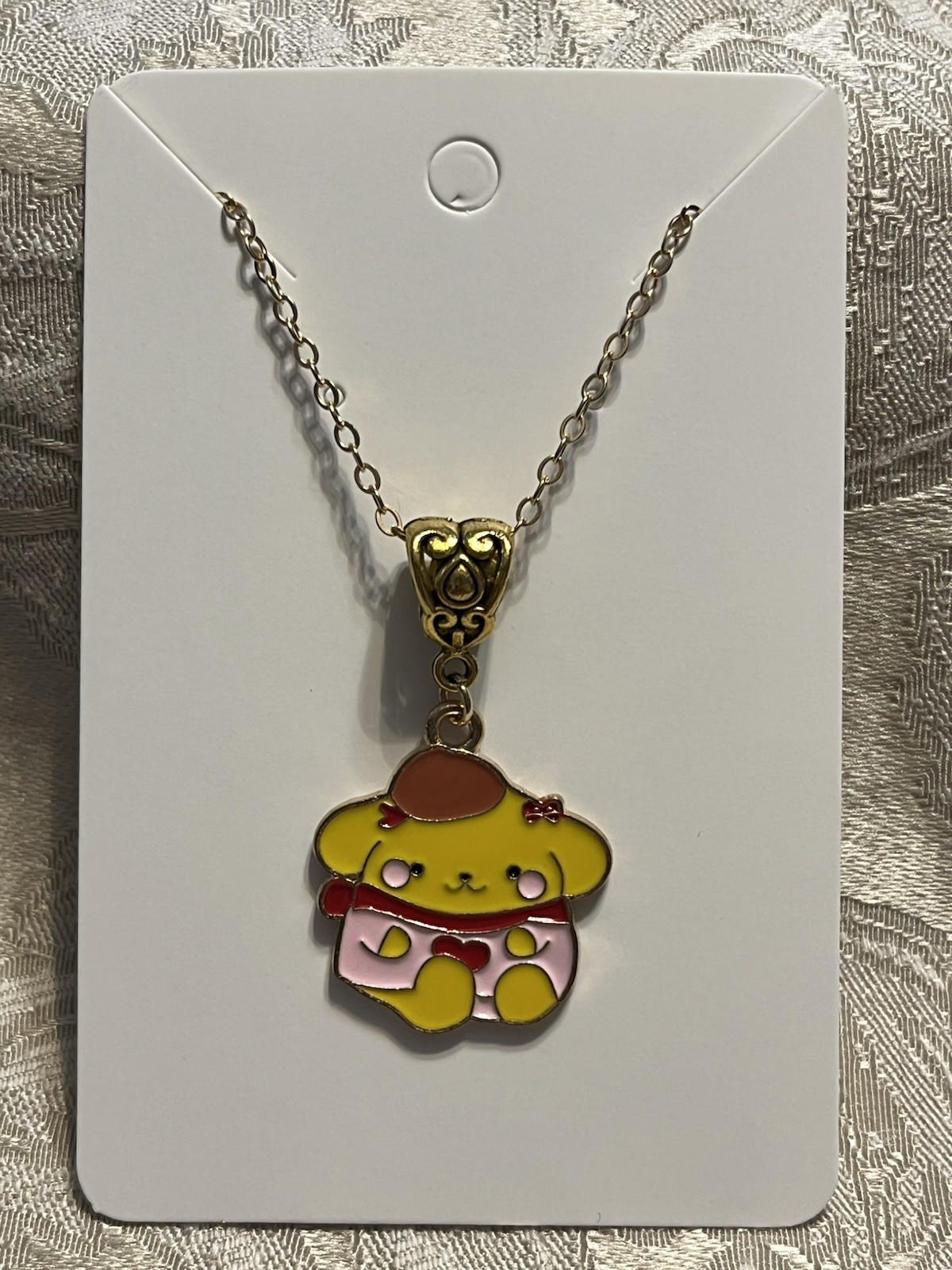 Cartoon Hello Kitty Pom Pom Purin Enamel Charm Gold Adorable Boho Necklace 18”