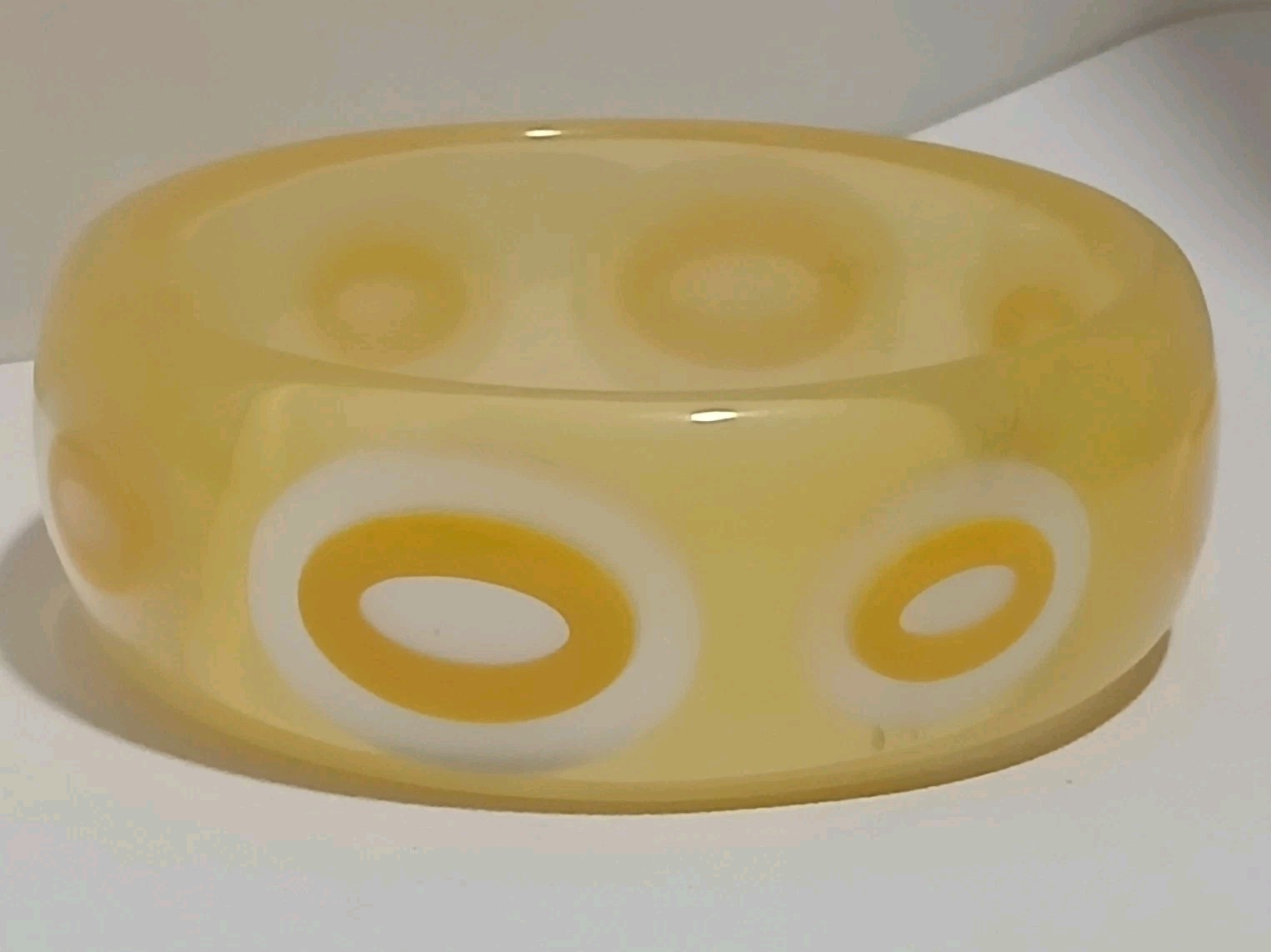 Yellow and White Bangle Bracelet Plastic Resin Wide Retro Chunky 8″