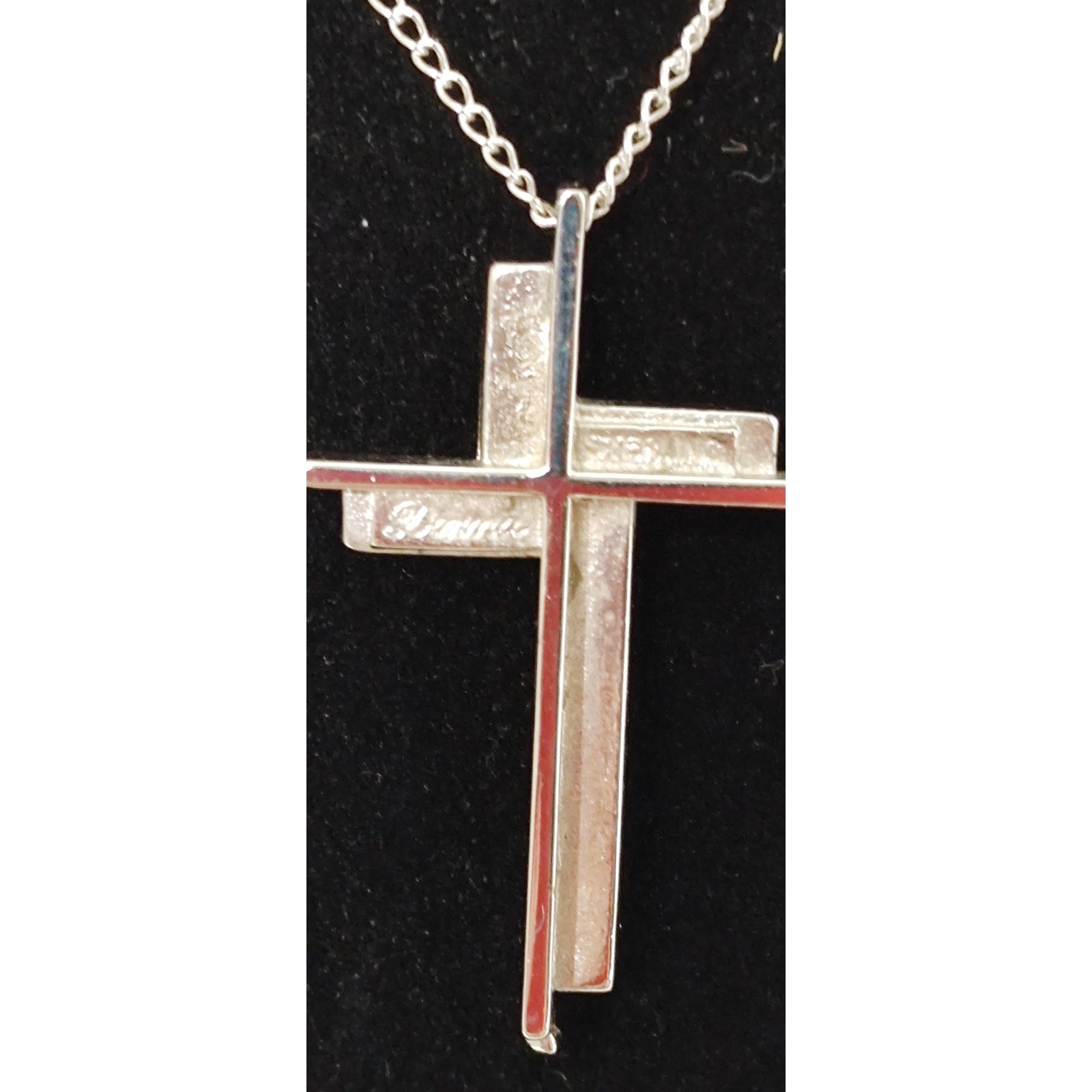 Sterling Silver .925 Cross Pendant and Chain Necklace Box Hammered VTG Donna